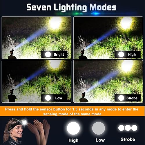 Miniatura 3 de Linterna frontal recargable, 120000 lúmenes súper brillante con sensores de movimiento, 4 modos, zoom y impermeable, para campamento, caza, correr,