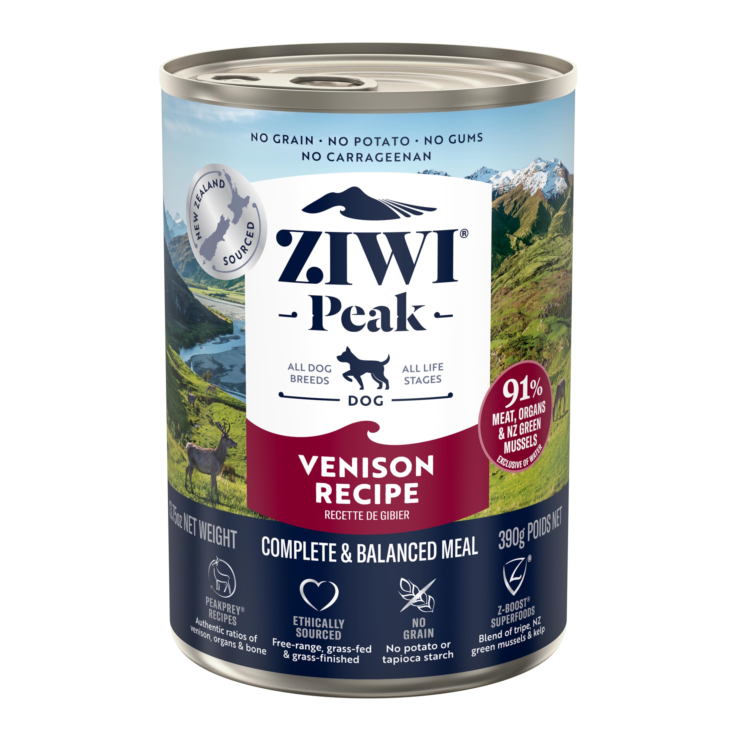ZIWI Peak Wet Dog Food Tins - Complete Grain Free Dog Wet Food Pate Puppy/Adult/Senior - New Zealand Venison Recipe - 12x 390g Multipack