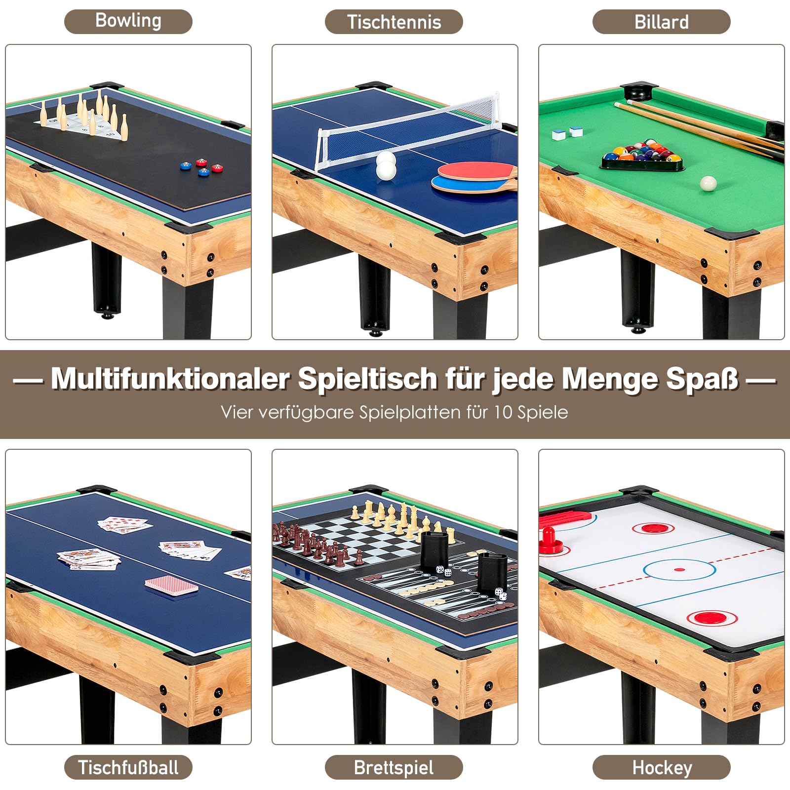 COSTWAY Wielofunkcyjny stół do gry 10 w 1, stół wielofunkcyjny z piłkarzykami, hokejem, bilardem, shuffleboardem, kręgielnią i grami planszowymi 4, drewniany stół kombi do pokoju zabaw, piłkarzyka dla