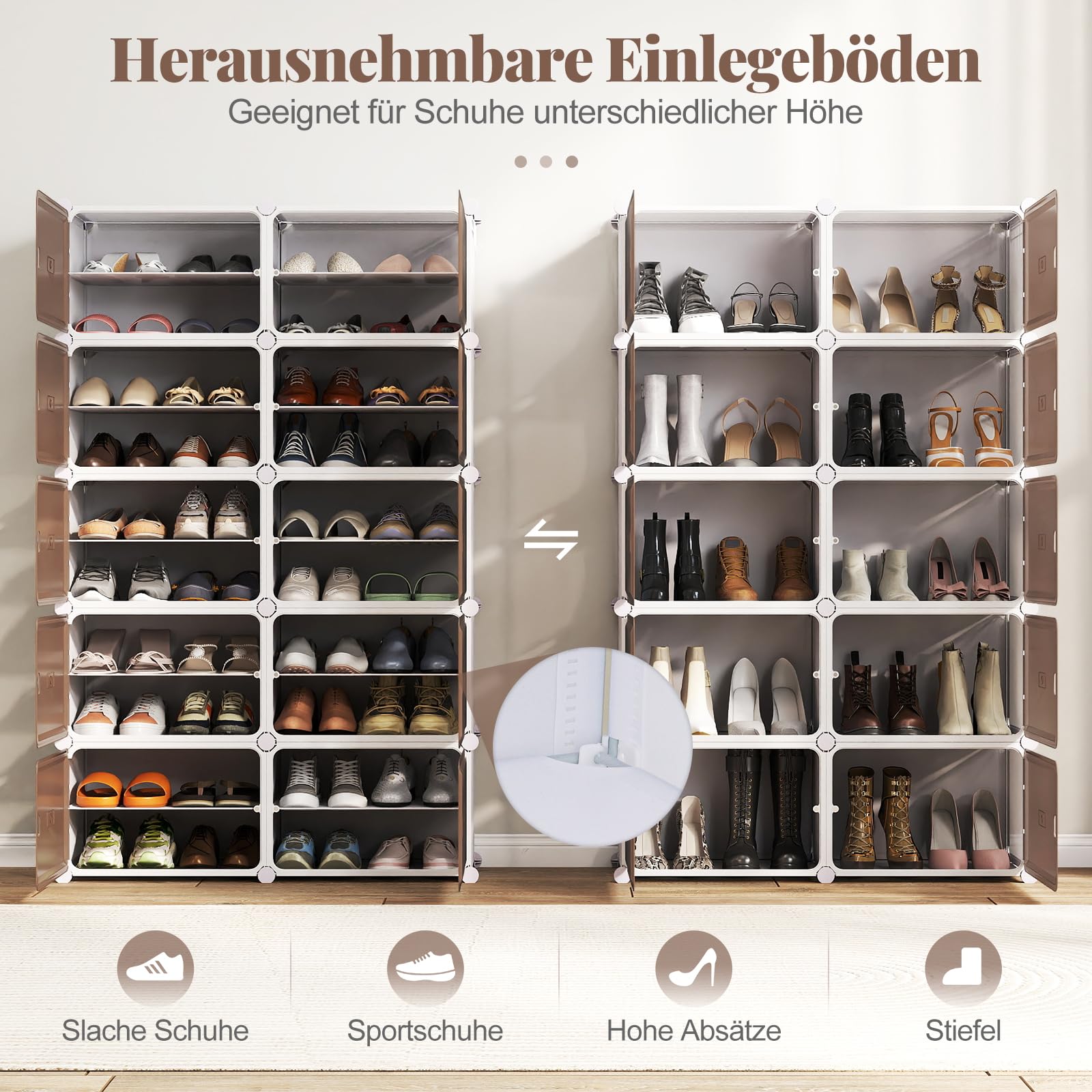 COSTWAY Schuhregal mit 8/10 Fächern, Schuhschrank Kunststoff inkl. herausnehmbaren Regalen, stapelbare Schuhboxen, transparente Schuhorganizer für 32-40 Paar Schuhe (10 Fächern)