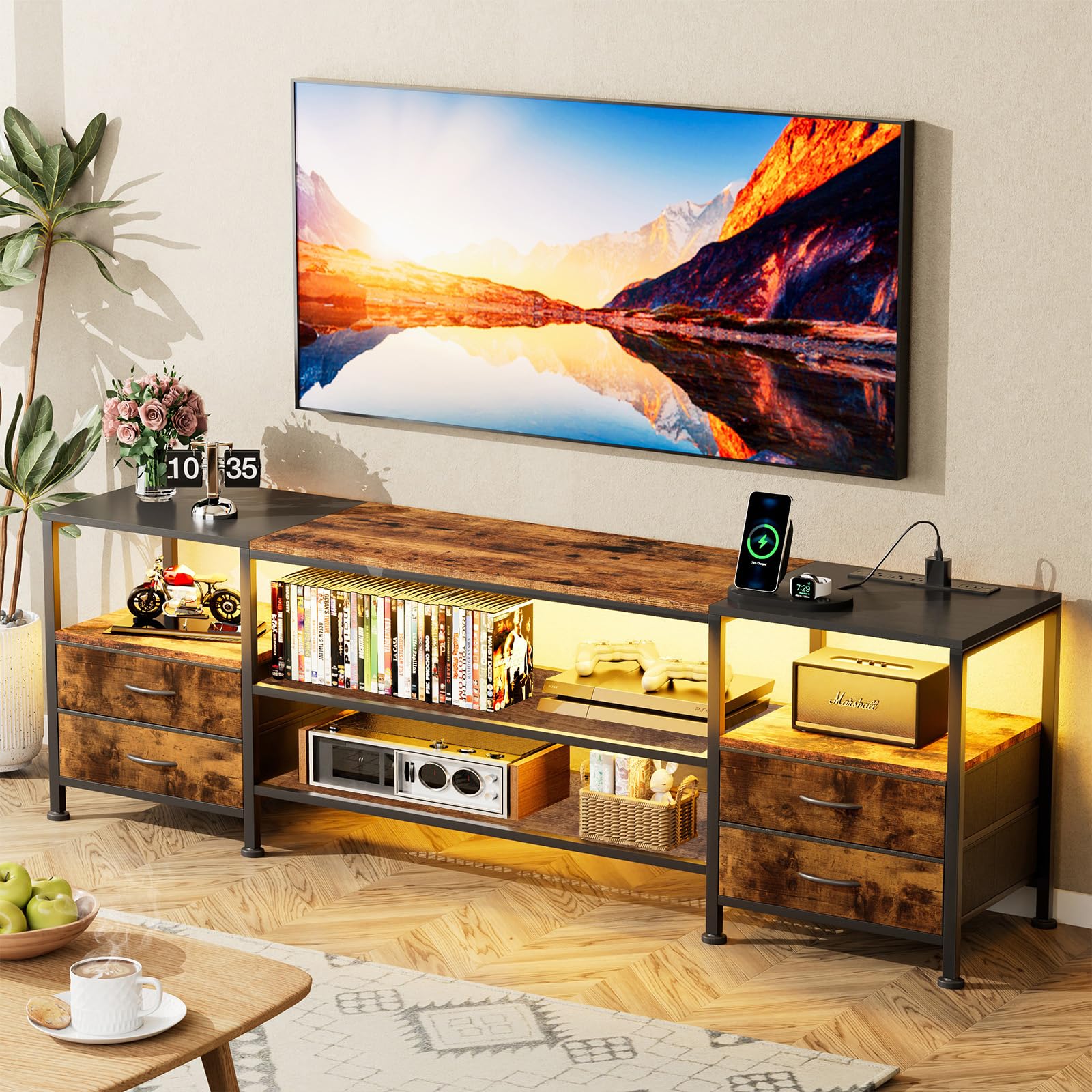 Mobile TV con Luci LED Presa, Tavolo TV Basso per Fino a 70 Pollici, Scaffale con 4 Cassetti in Tessuto e 2 Ripiani Aperti, Mobili per Soggiorno Camera da Letto, Marrone Vintage