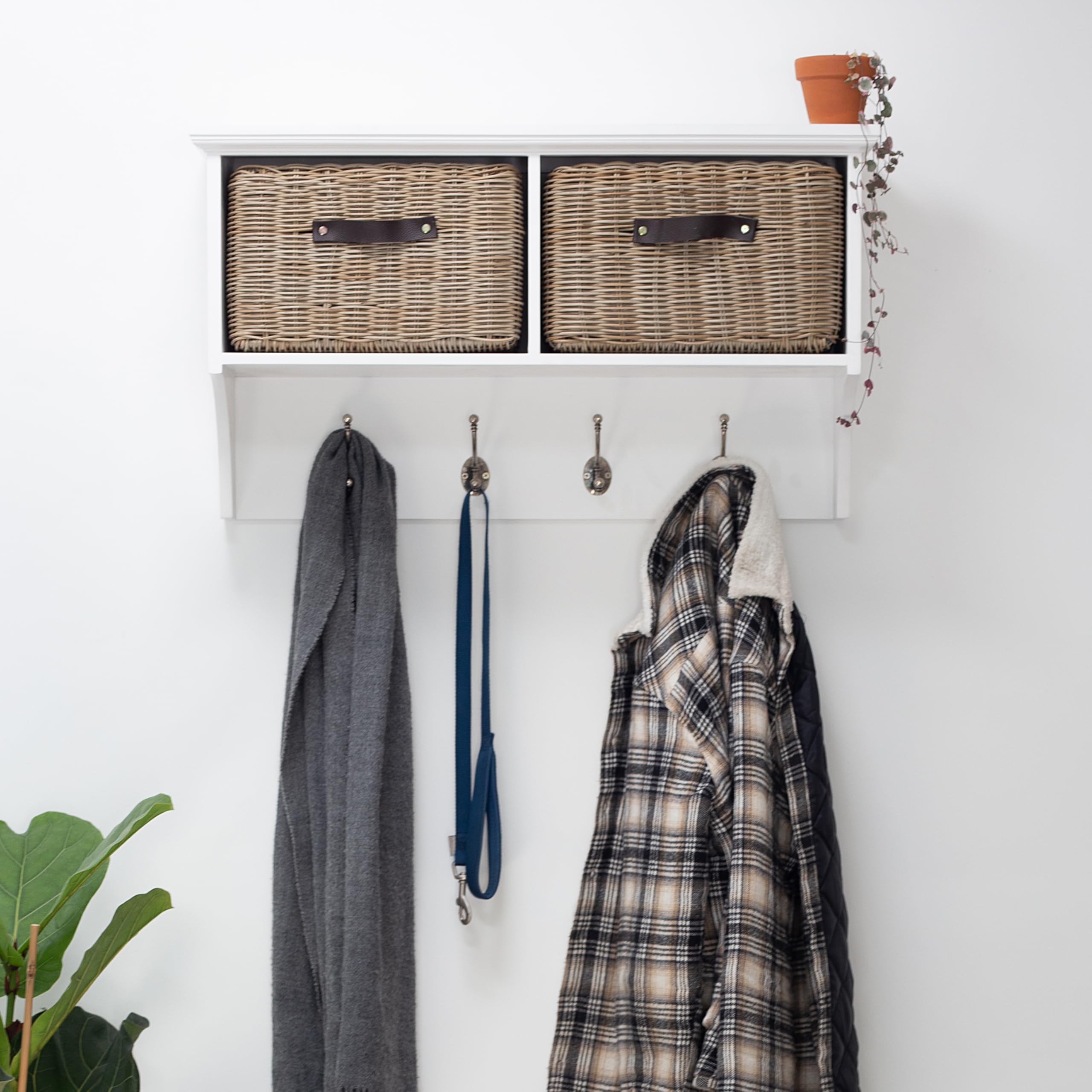 Statement Furniture White-Brown Baskets Tetbury Wall Mounted Coat Rack With Storage Baskets | Hanging Shelf 4-5 Double Hooks, Washable Baskets | Fully Assembled Hallway Furniture (, Small)