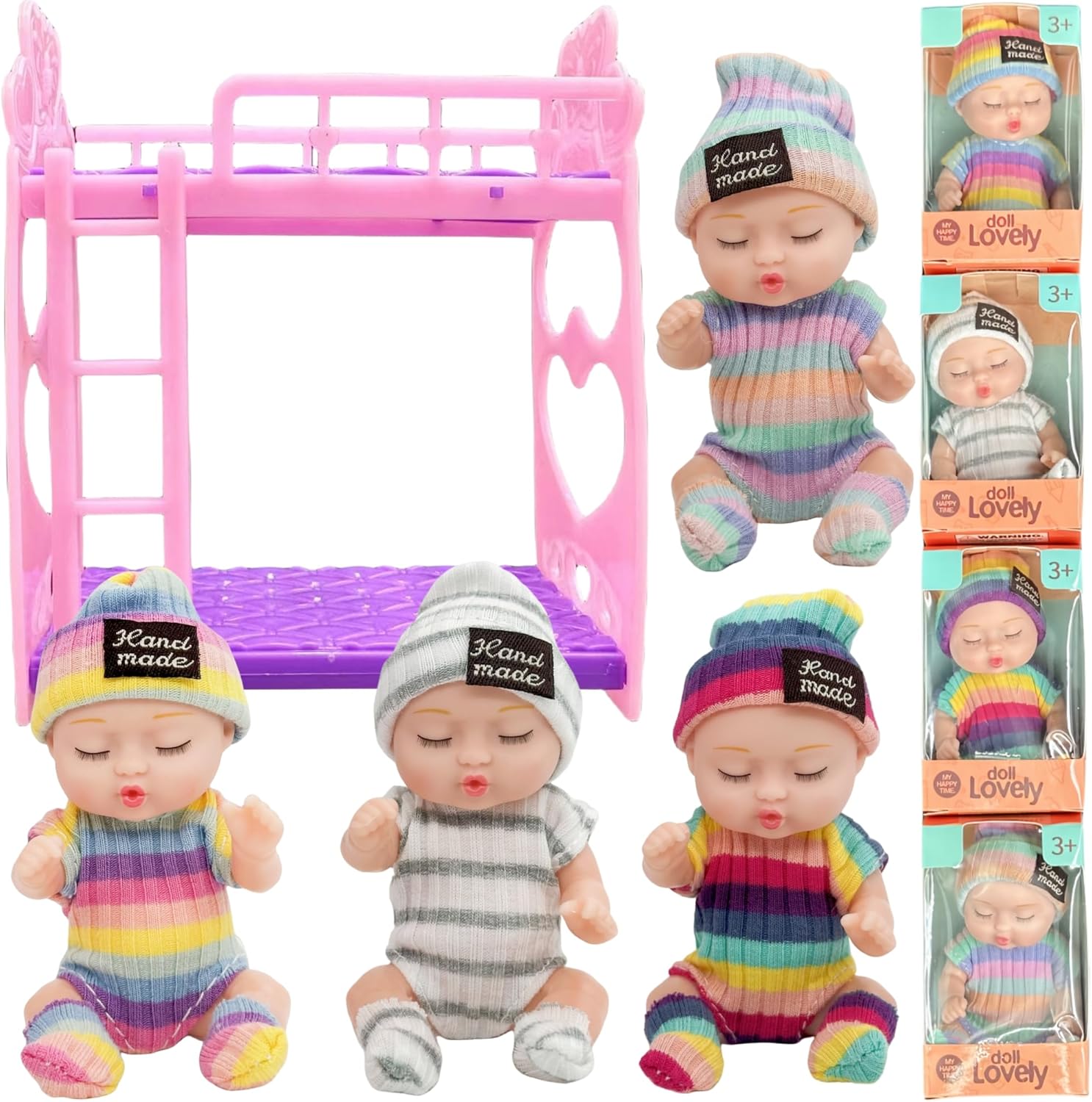 4 Pcs Mini Baby Dolls 4 Inch Gift Set, Cute Small Baby Doll Toys with Animal Clothes and Bunk Bed for Kids 3+ Year Old Gift (Style A)