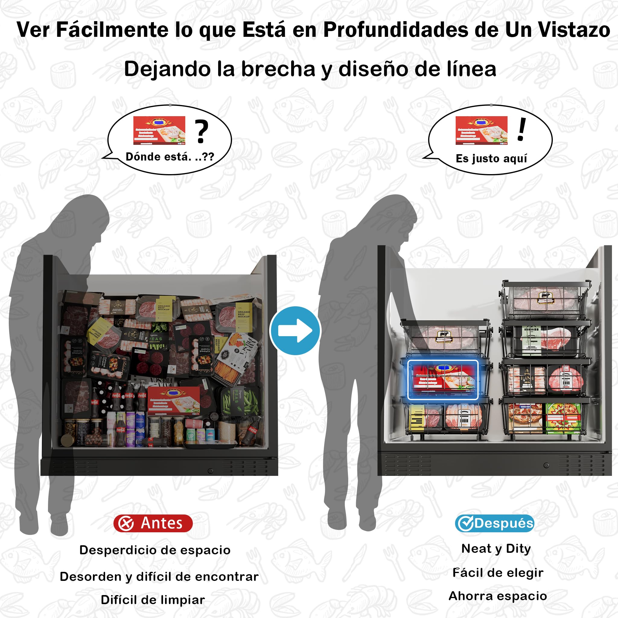 2 Piezas Organizador de Congelador, Metal Organizador Arcon Congelador Apilable Extensible para 140-570L Congeladores, Cesta Cajon con Asas Plegables y Fondo Antideslizante