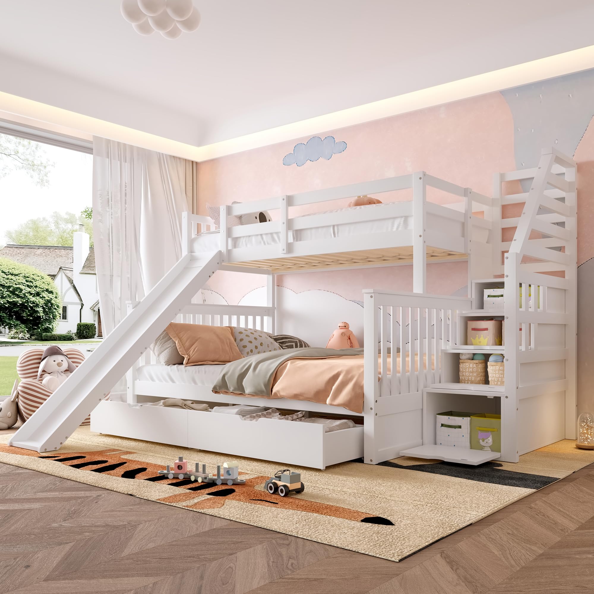 SACOOL Letto a castello 90x200 sopra 140x200 con cassetti portaoggetti e scivolo multifunzionale bianco