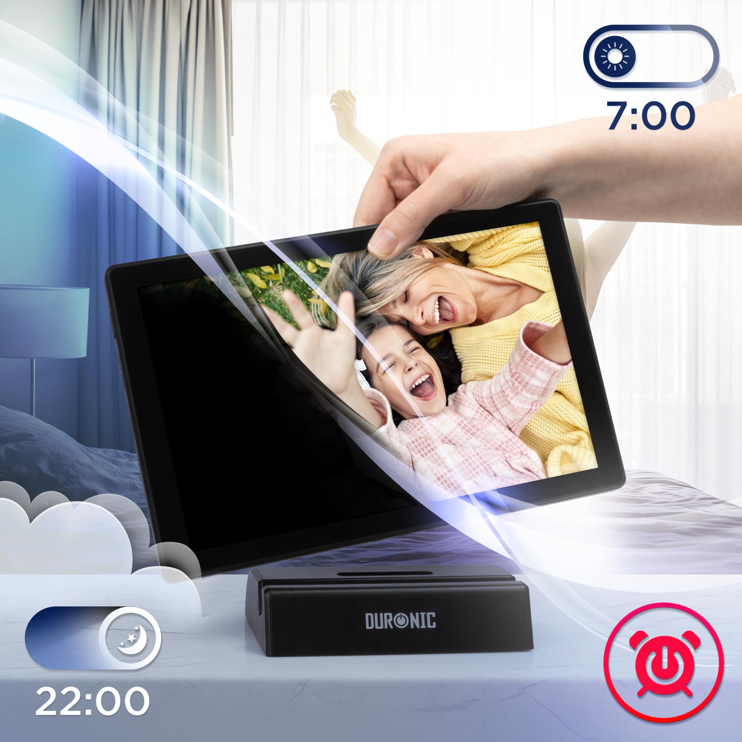 Duronic PF1D BK Cornice Digitale da 10,1 pollici Wi-Fi, Touch Screen IPS 1280x800, Memoria 32GB, USB-C, Stand Ricarica, Frameo App – Cornice Foto Elettronica Nero per Condivisione Immagini