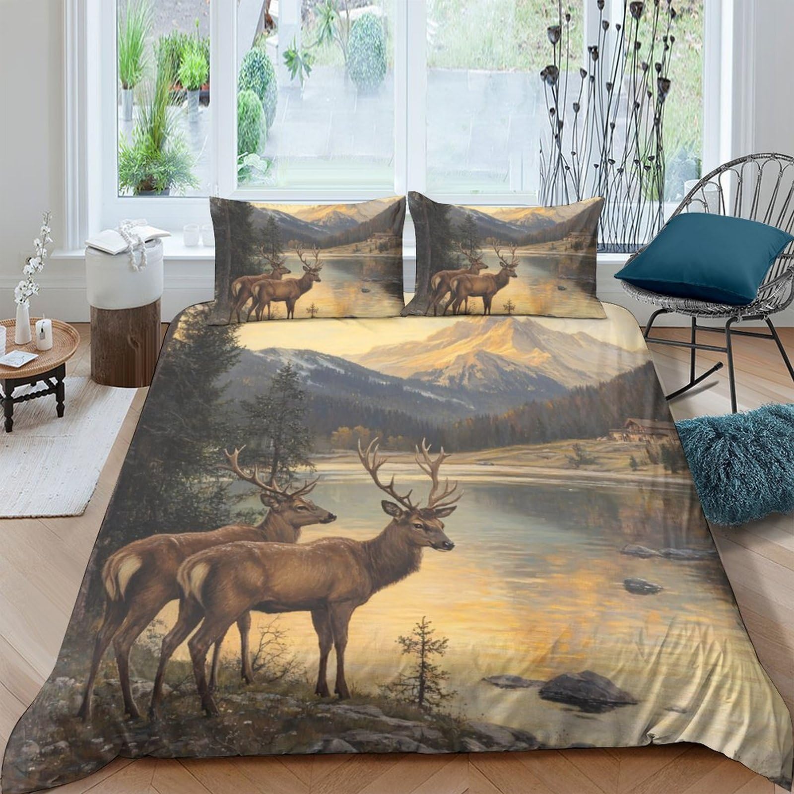 Ctjqhvkz Style-10 3D Printed Forest Deer Fitted Sheet Microfiber Soft Breathable Mountain Lake Bed Cover For Bedroom Guest Room Decor Single（135X200cm）