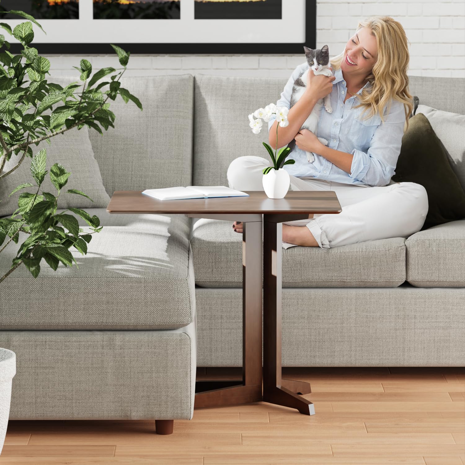 c-shaped bamboo rolling tv tray table with wheels - multi functional couch laptop desk, accent tray for living room & bedroom - rolling side table with wheels