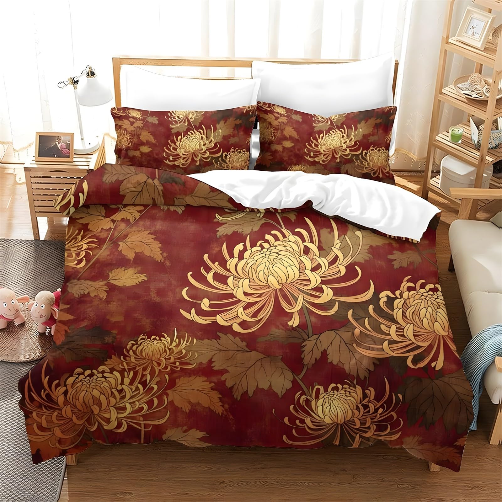 Ypthriline Super King Duvets Set Chrysanthemum Bedding Set Microfiber Burgundy Duvet Covers with Pillowcases Reversible Bedding With Zipper Closure 260x220CM