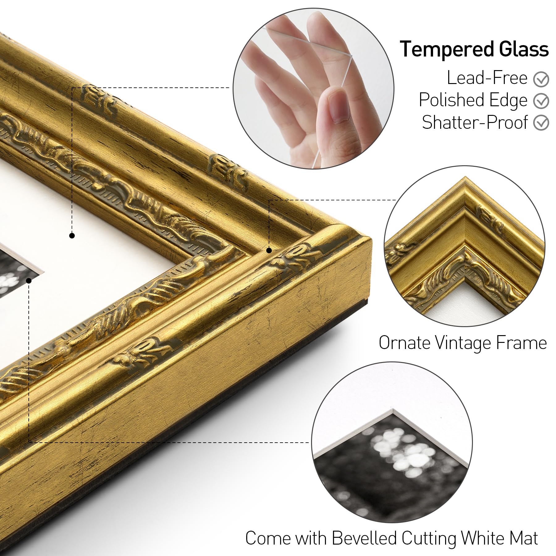 Condition photo showing New/Like New for yaetm gold picture frame, ornate vintage frame for art prints, 5pack | vintage gold frame, elegant velvet back board, tempered glass. antique golwall mount