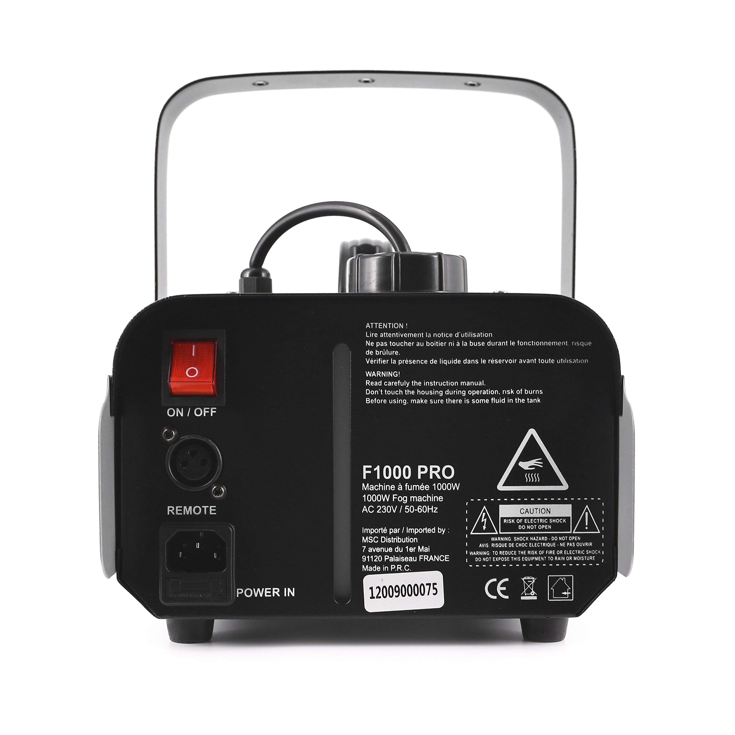 BoomToneDJ F1000 Pro Machine à fumée portable 1000W, Haut débit 150m3/min, Réservoir 1.2L, Projection de fumée jusqu'à 7m, Livrée avec 2 télécommandes, Lyre de fixation. Soirée, Club, scène, théâtre.