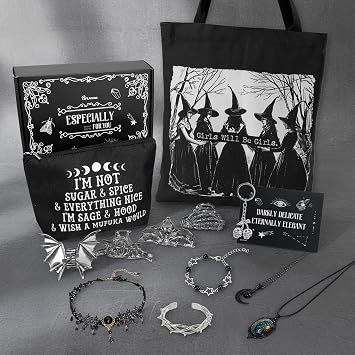 Giftamaz Gothic Gifts for Women - 12 PCS Witchy Gifts Goth Accessories with Hair Clips, Witch Canvas Tote Makeup Bag, Spooky Gifts Basket Witchy Skull Gift Box for Girls Teens Friend Gothic Lovers