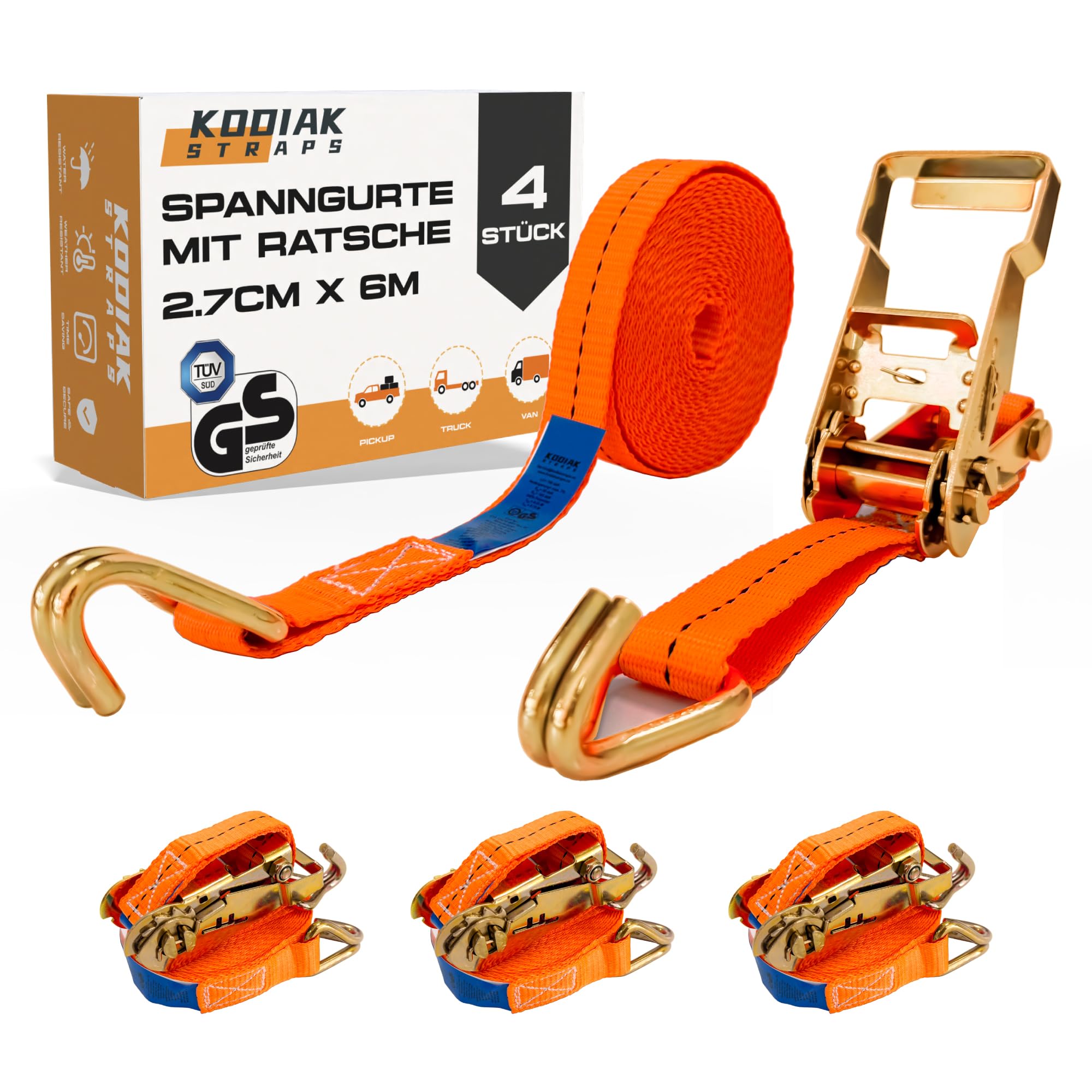 4 Stück Spanngurte 6m x 1500kg mit Ratsche und Haken - 27mm Zurrgurte mit Ratsche - Orange Ratschengurt für Ladungssicherung - TÜV/GS geprüft nach DIN EN 12195-2 - KODIAK STRAPS
