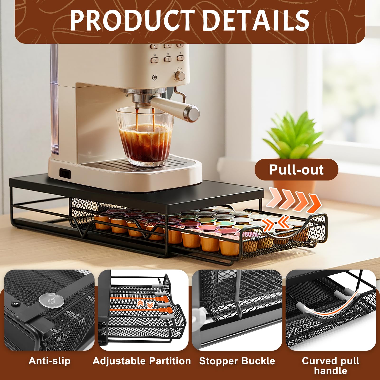 Organizador para cápsulas de café, ajustable, organizador con cajón dispensador de cápsulas, apto para cocinas, oficinas y viviendas de alquiler, negro