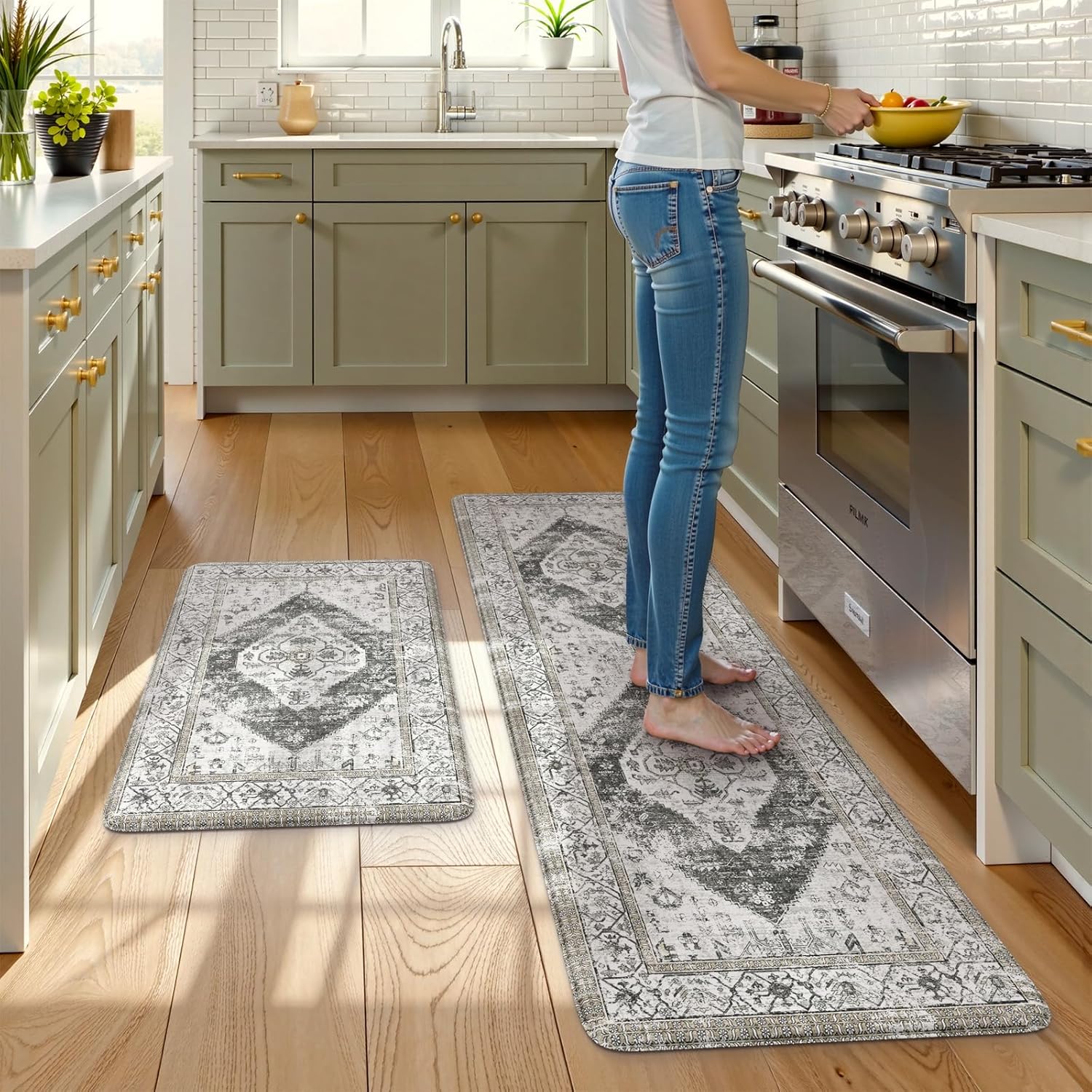 KIMODE Kitchen Mat for Floor Anti Fatigue Cushioned, 20"x59"+20"x32" Boho Oriental Kitchen Runner Rug, Non Skid Padded Kitchen Floor Mat, Comfort Standing Desk Mats for Laundry Office Sink Grey 20" x 59"+20" x 32"--0.47 inches Light Grey