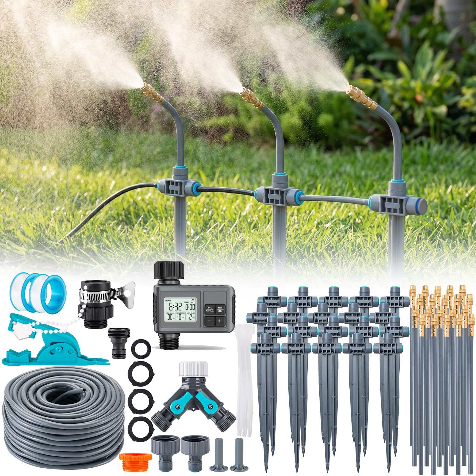 30M Garten Bewässerungssystem mit Bewässerungscomputer und Ständer | Einstellbare Sprühnebel Düsen Schnellanschluss 2 Wege Verteiler Geeignet für Hochbeete, Terrassen, Balkone und Topfpflanzen