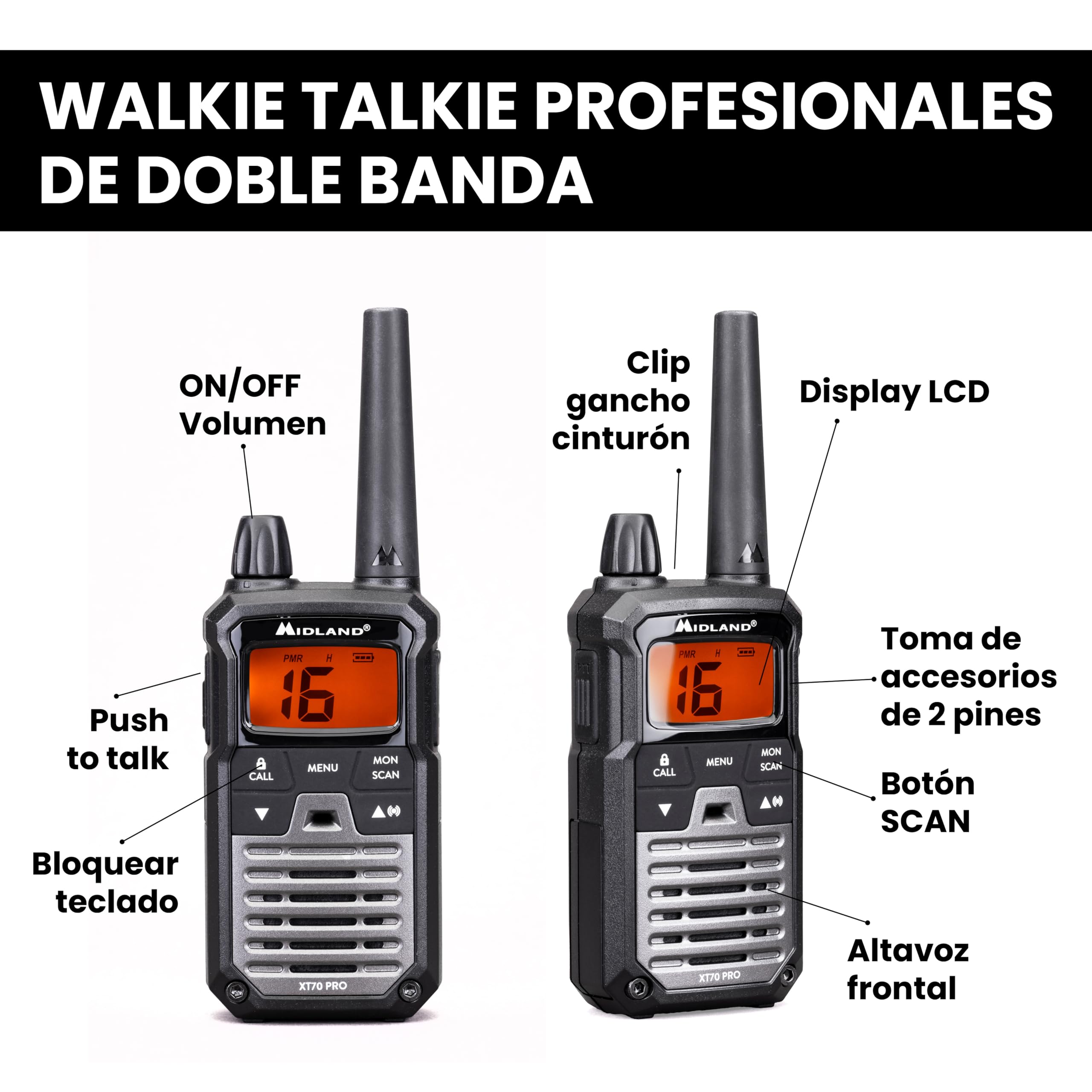 Midland XT70 PRO Doble, Walkie Talkie Profesional de Carga Rápida, 101 Canales PMR446 y Canal RRM, 142 Tonos CTCSS, Resistente al Agua IPX4, Recargable con USB, Alcance 12 Km, Negro/Gris, 2 Unidades - 4