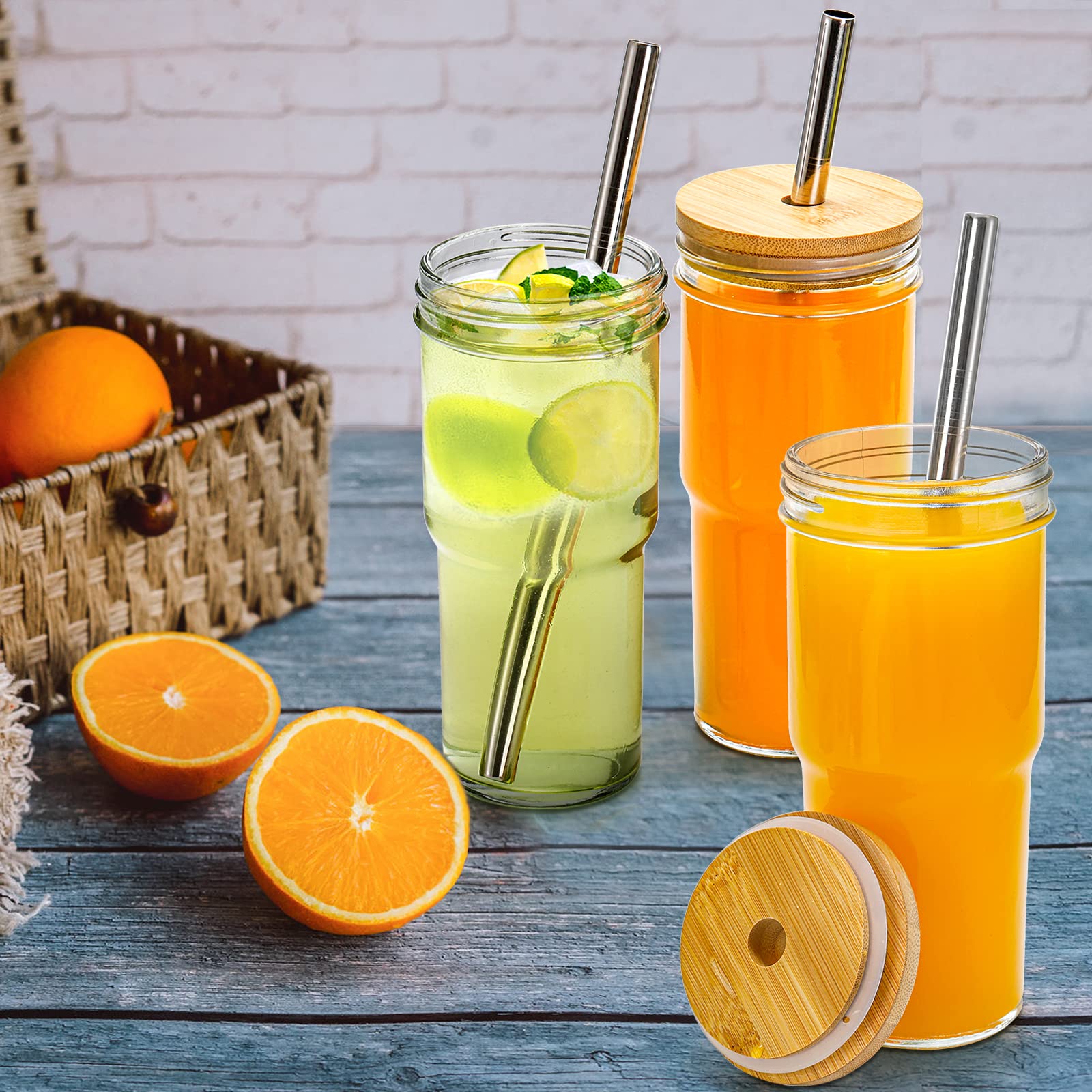 Tebery 4 Pack Glass Boba Cup Smoothie Tumbler with Bamboo Lids and Straws, Wide Mouth 24oz Iced Coffee Cups with White Airtight Lids, Reusable Travel Tumbler for Iced Coffee, Smoothie, Tea