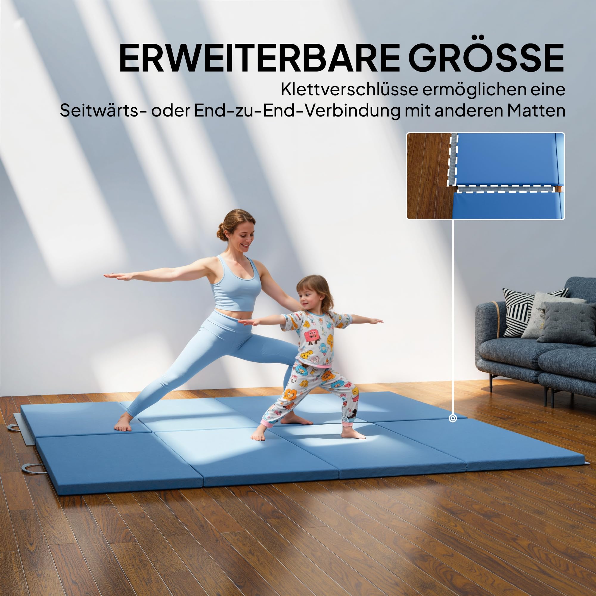 HOMCOM Trainingsmatte, Faltbare Fitnessmatte Sportmatte mit Griffen Gymnastikmatte Gymnastik Tumbling Matte für Yoga, MMA, Fitness, Pilates, Synthetikbezug, Hellblau, 240 x 120 x 5 cm