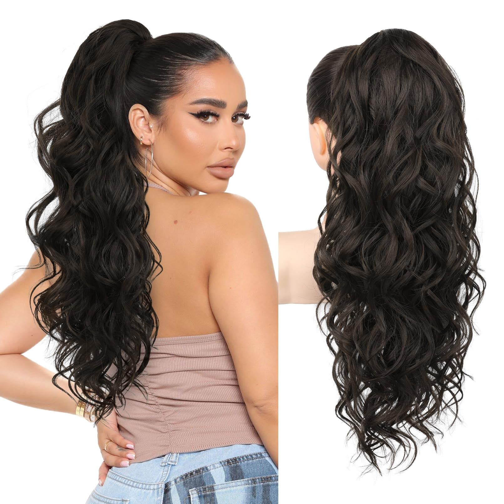 REECHO Ponytail Extension, 24" Claw Clip Ponytail Extension Wavy Ponytails Hair Extensions Jaw Clip on Pony Tails Natural Synthetic Hairpiece for