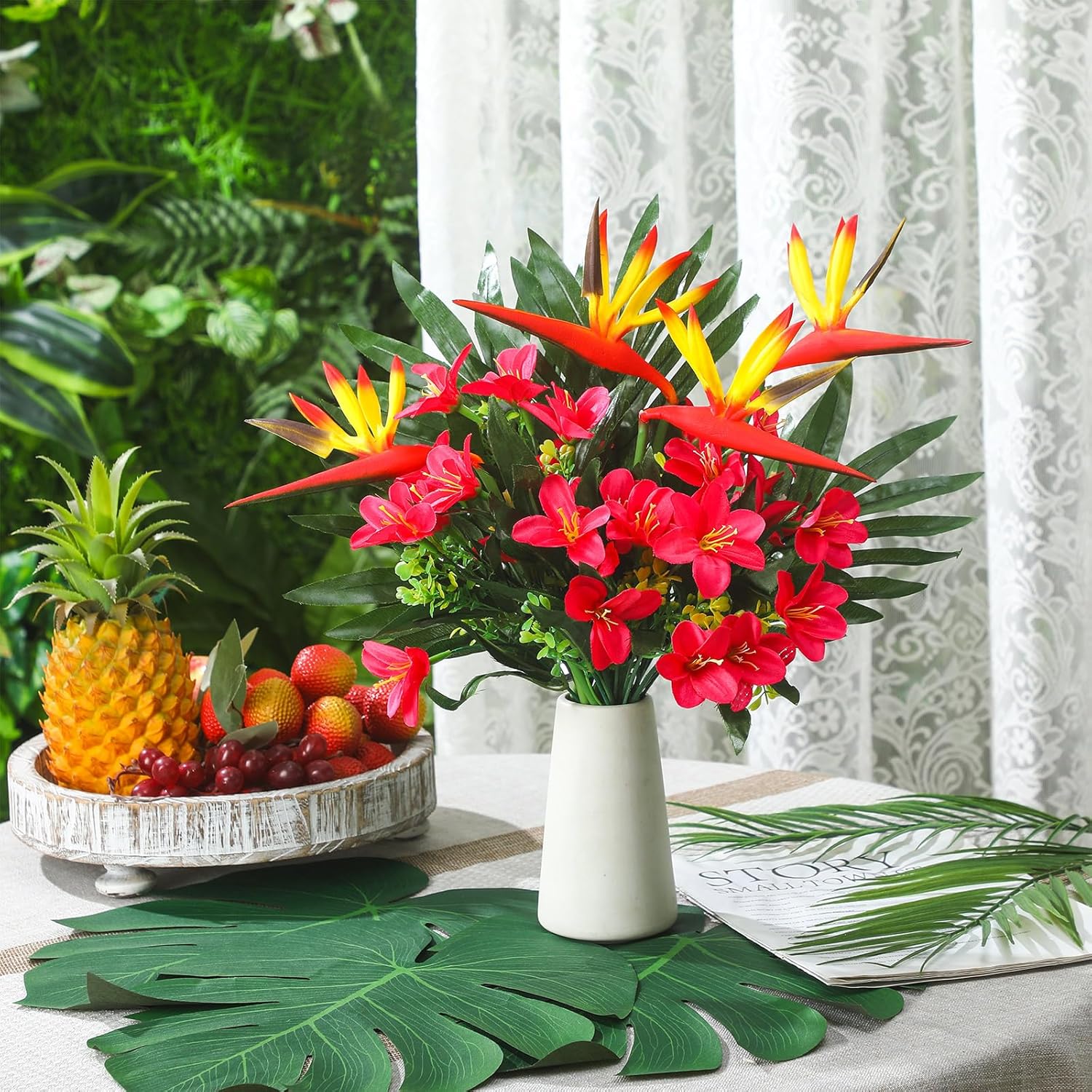 Hotop Artificial Tropical Flower Bouquets Bulk for Hawaii Centerpieces Bird of Paradise Lily Bouquet Permanent Flower Tropical Plant Party Office Home Decor(Rose Red,4 Set/ 16 Pcs) - Image 4