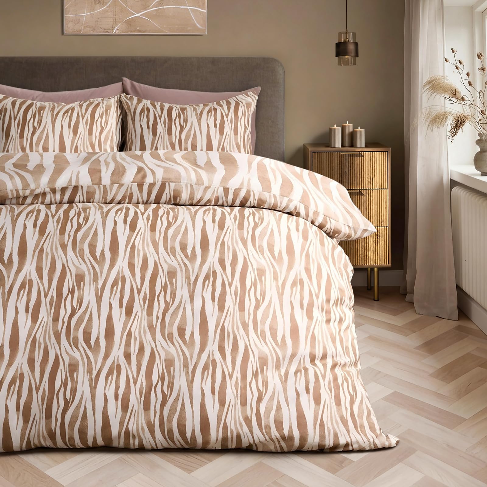 Ohs Zebra Beige King Size Duvet Cover Sets, Super Soft Cosy Warm Microfibre Polyester Watercolour Reversible King Size Quilt Cover Set Luxurious Comfy Bedding With Matching Pillowcases,