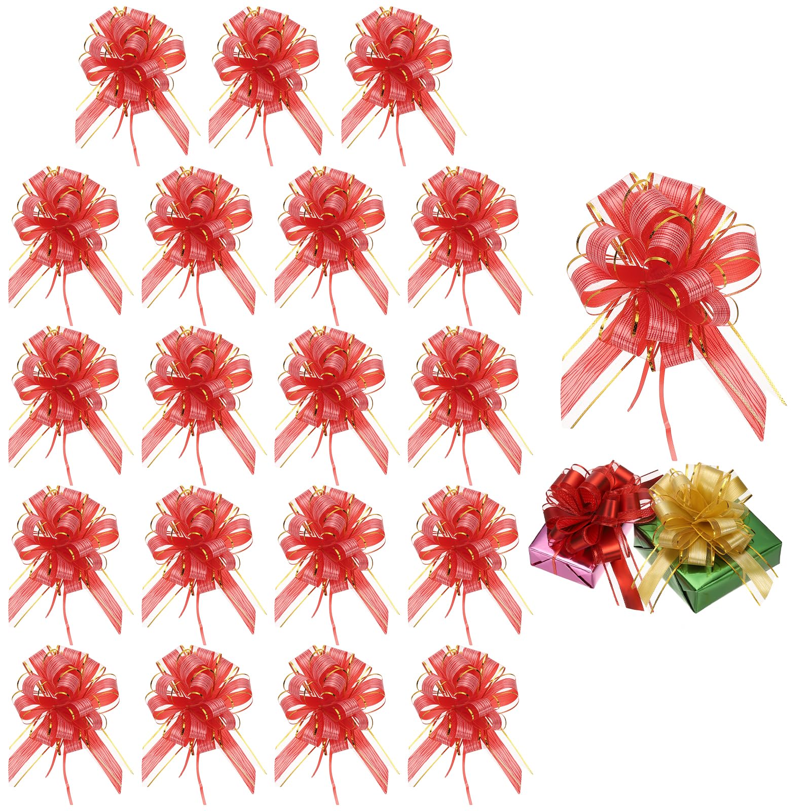 PATIKIL 20 Pcs Large Pull Bow Gift Wrapping, 9 Inch Ribbon Organza Metallic Red Bows for Gift Wrapping Wedding Baskets Car