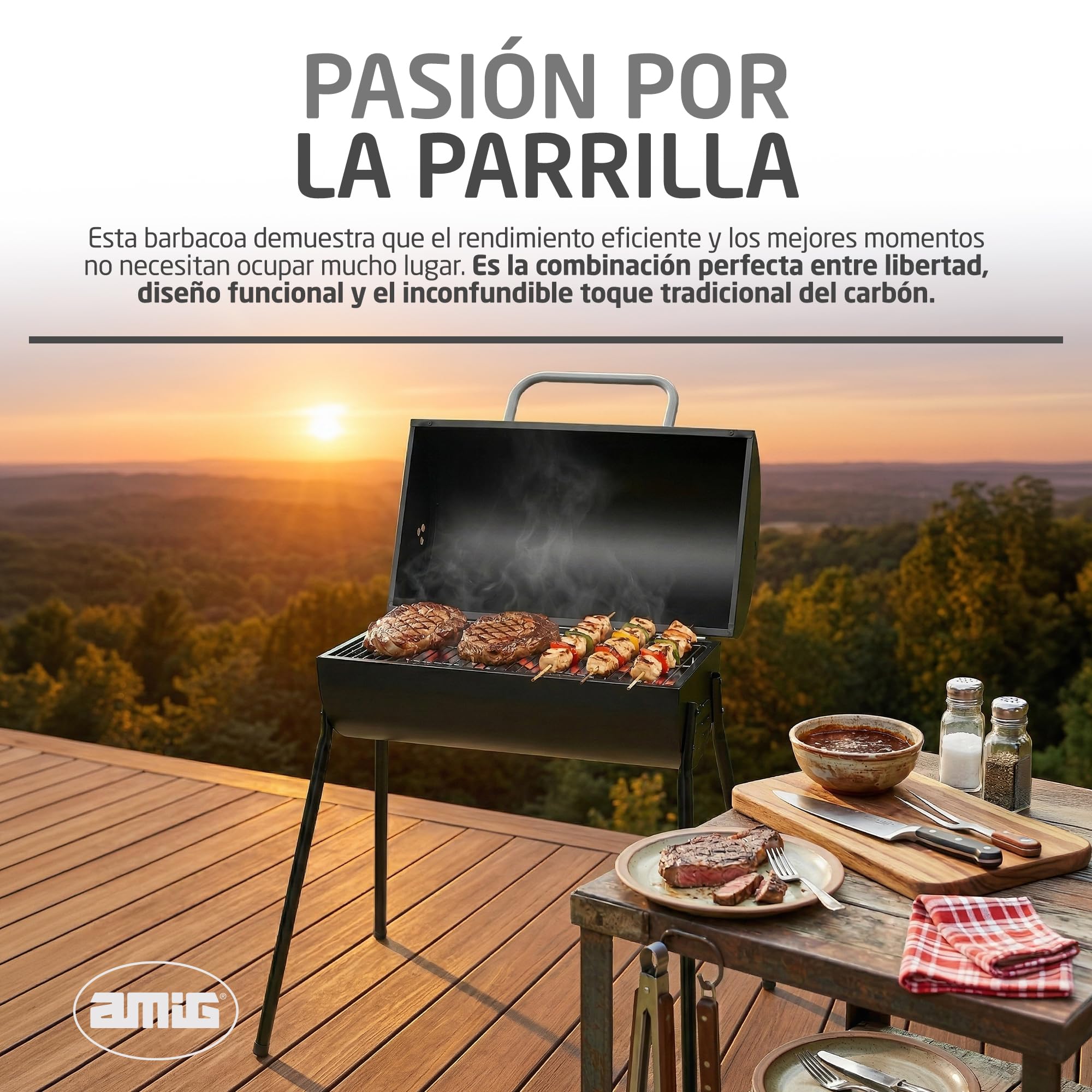 Amig - Barbacoa de carbón - 83 x 58 x 84 cm - Negro - Fabricado en Acero - para jardín y patio con uso familiar y reuniones con montaje sencillo limpieza cómoda y calidad consistente. Mod. KALDERA