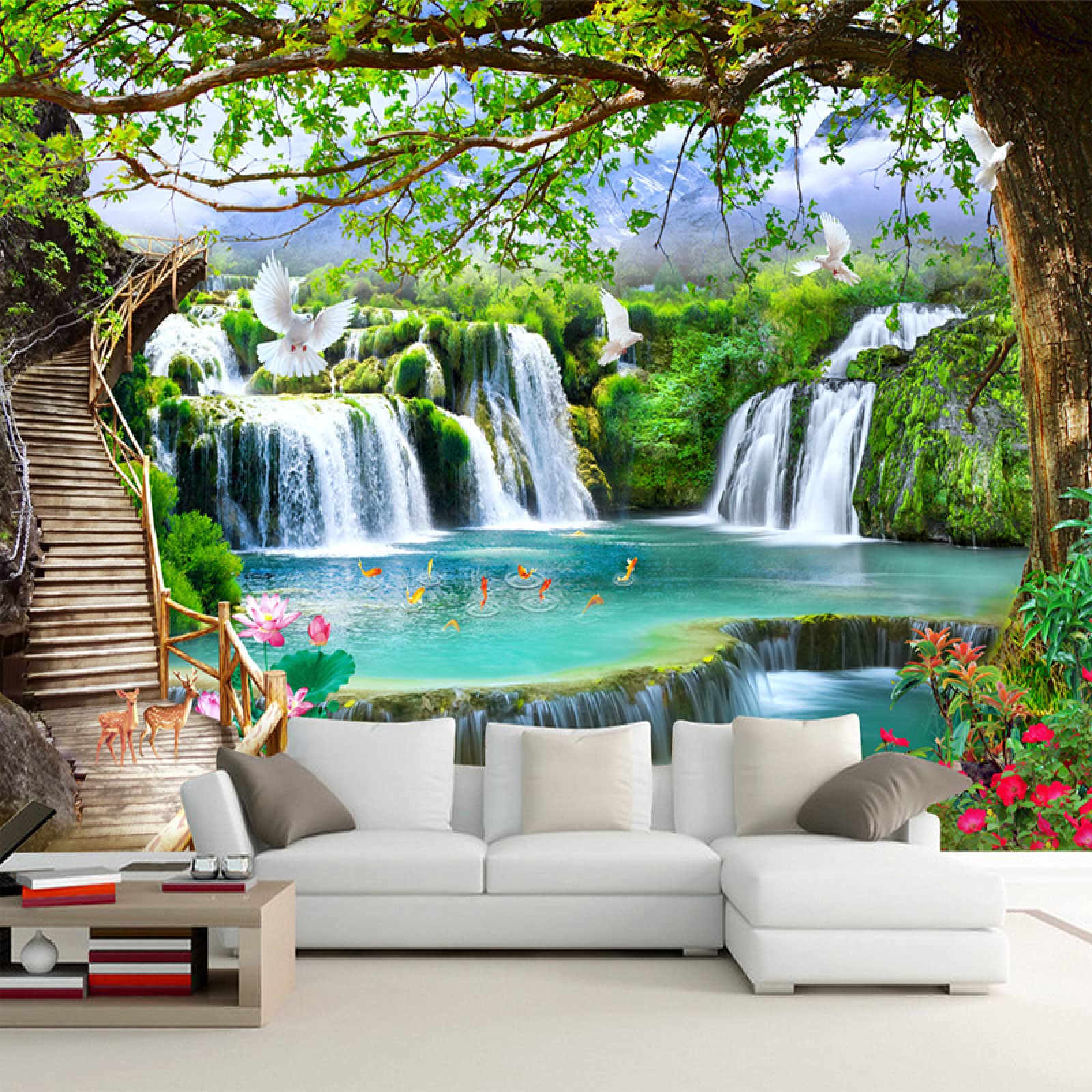 Amazon | Custom Any Size Green Forest Waterfall Nature Landscape