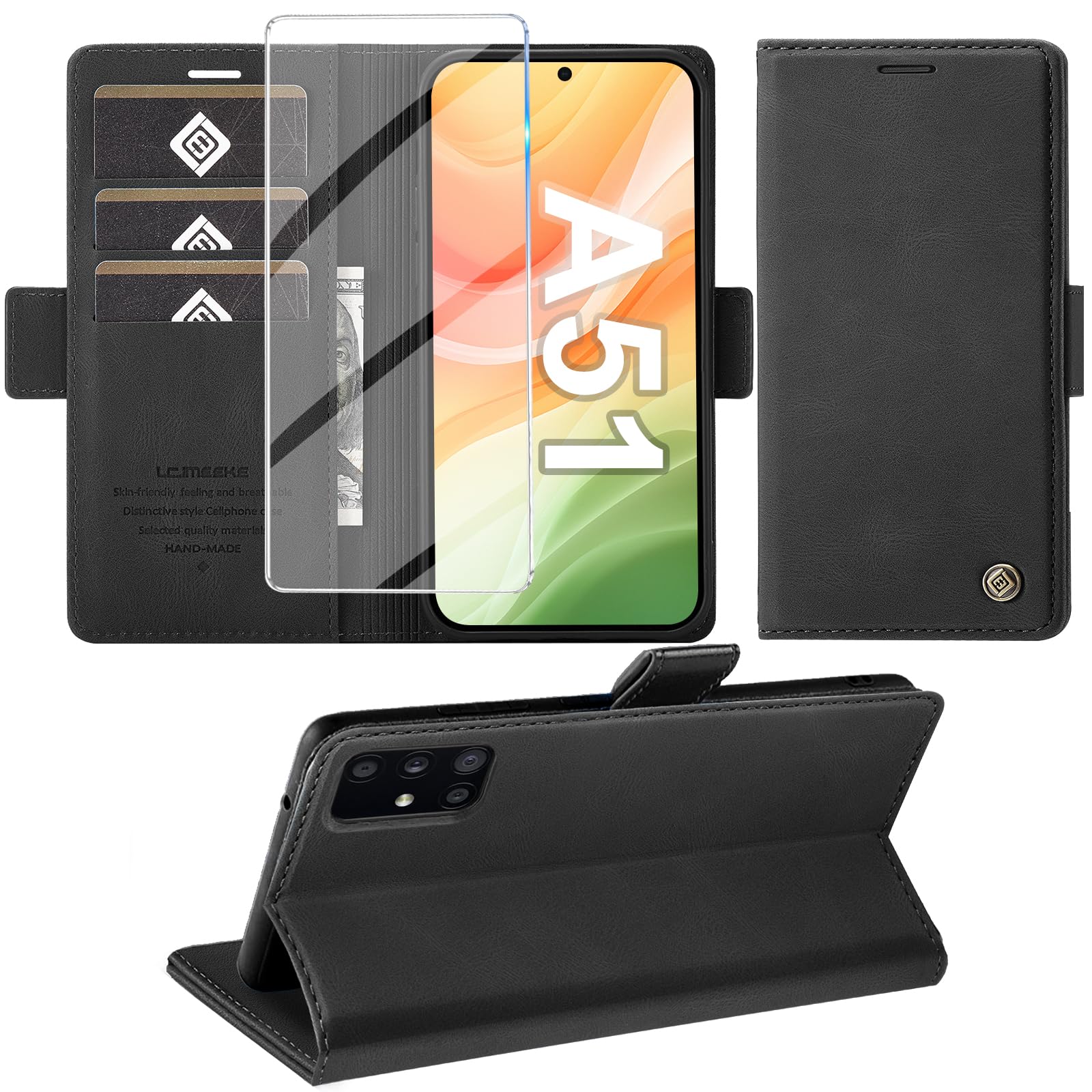 Giyer Handyhülle für Samsung Galaxy A50/A51/A52/A53/A54/A55/A56/A57 Hülle mit Schutzfolie, Standfunktion Kartenfach Wallet Premium