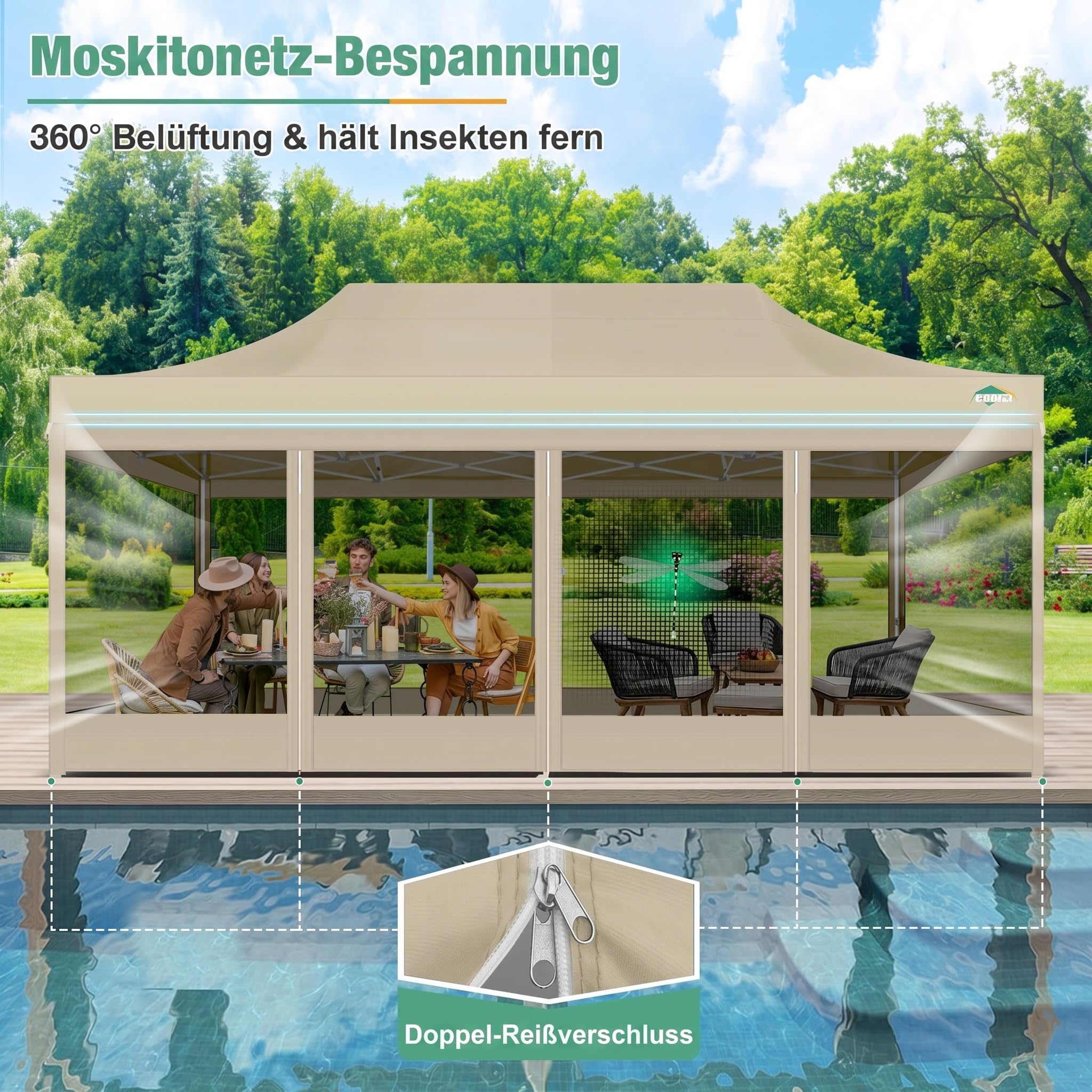 COBIZI Faltpavillon 3x6 m mit Moskitonetz, wasserdicht, stabil | UV-Schutz 50+, 3-fach höhenverstellbar, 6 Seitenwände, robustes 420D Oxford-Gewebe, mit Aufbewahrungstasche mit Rollen