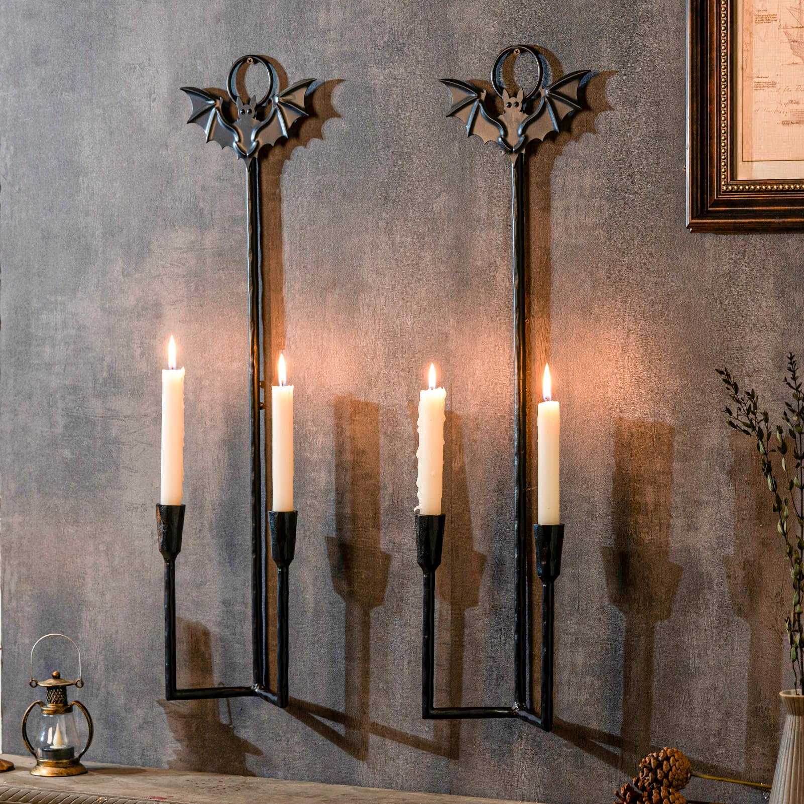 Wall Sconce Candle Holder Metal Hanging Wall Decorations Gothic Bat Wall Light Candle Holder for Home,Living Room, Bathroom, Dining Room, Set of 2(Black