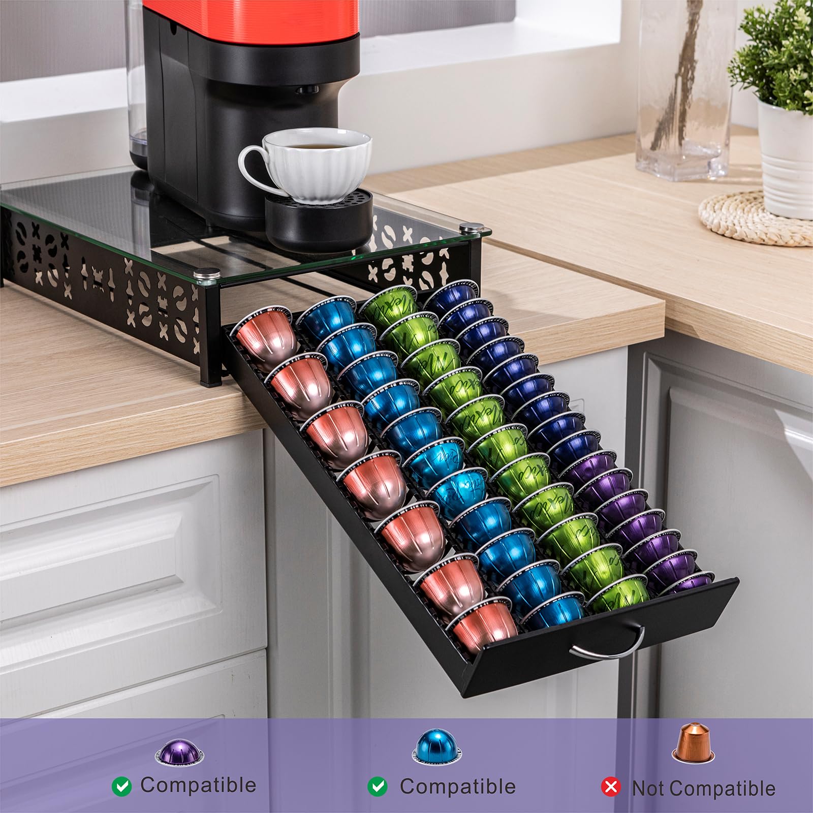 ZCDCP Soporte para cápsulas Nespresso, soporte para cápsulas Vertuo, cajón superior de cristal, organizador de cápsulas de café (capacidad de 40 cápsulas)