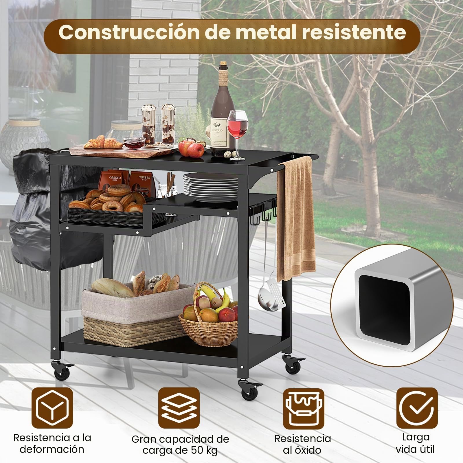 KOMFOTTEU Carro de Servicio de Metal para Exterior, Carrito Auxiliar con Ruedas para Jardín, Carro de Barbacoa de 3 Niveles con Asa, Ganchos y Soporte para Bolsas de Basura, Negro (3 Niveles)