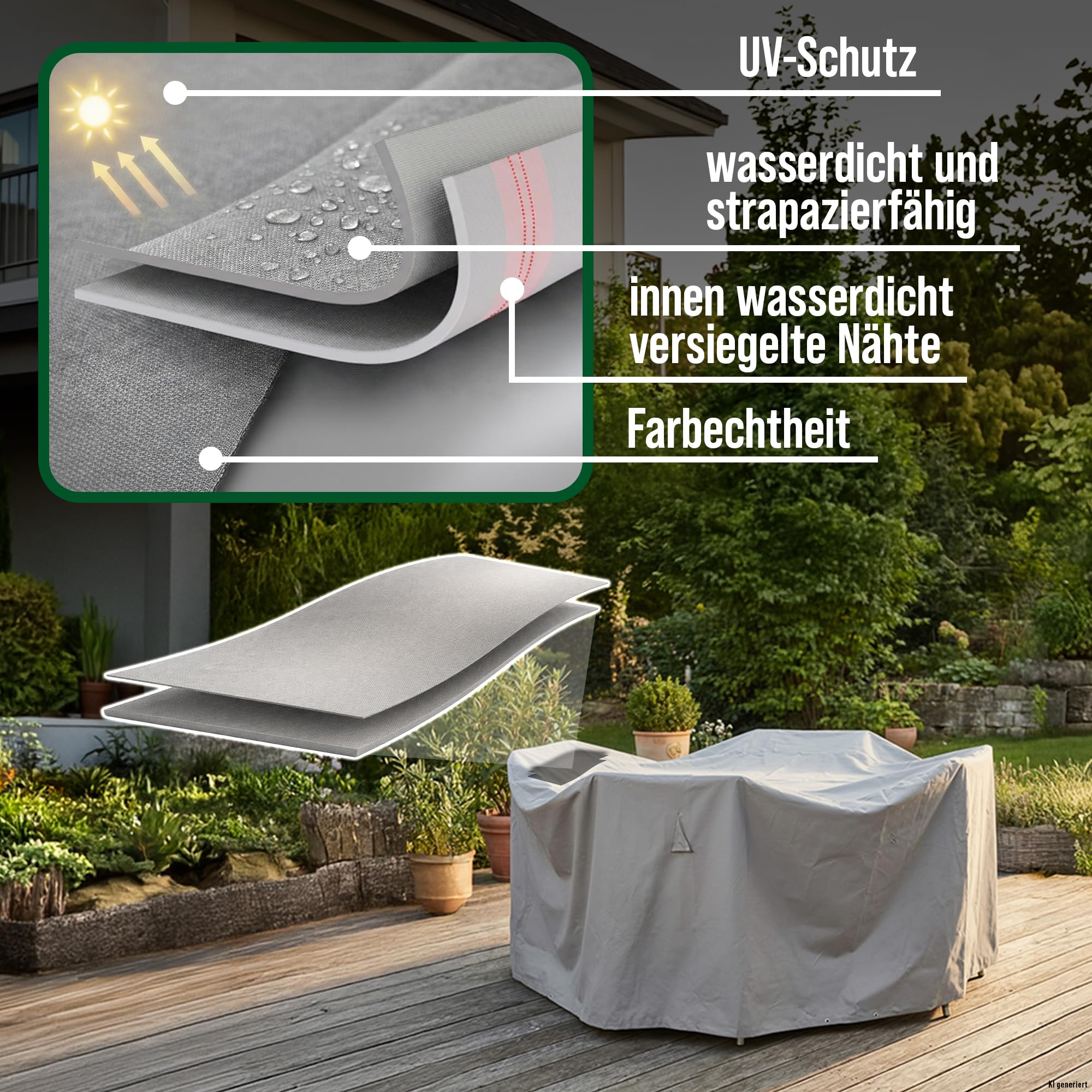 Abdeckung Gartenmöbel Sitzgruppe rund, Ø200x94 cm, 600D Oxford | wasserdicht, UV-beständig, reißfest und winterfest - robuste Schutzhülle für Gartentisch und Gartenstühle mit Kordelzug