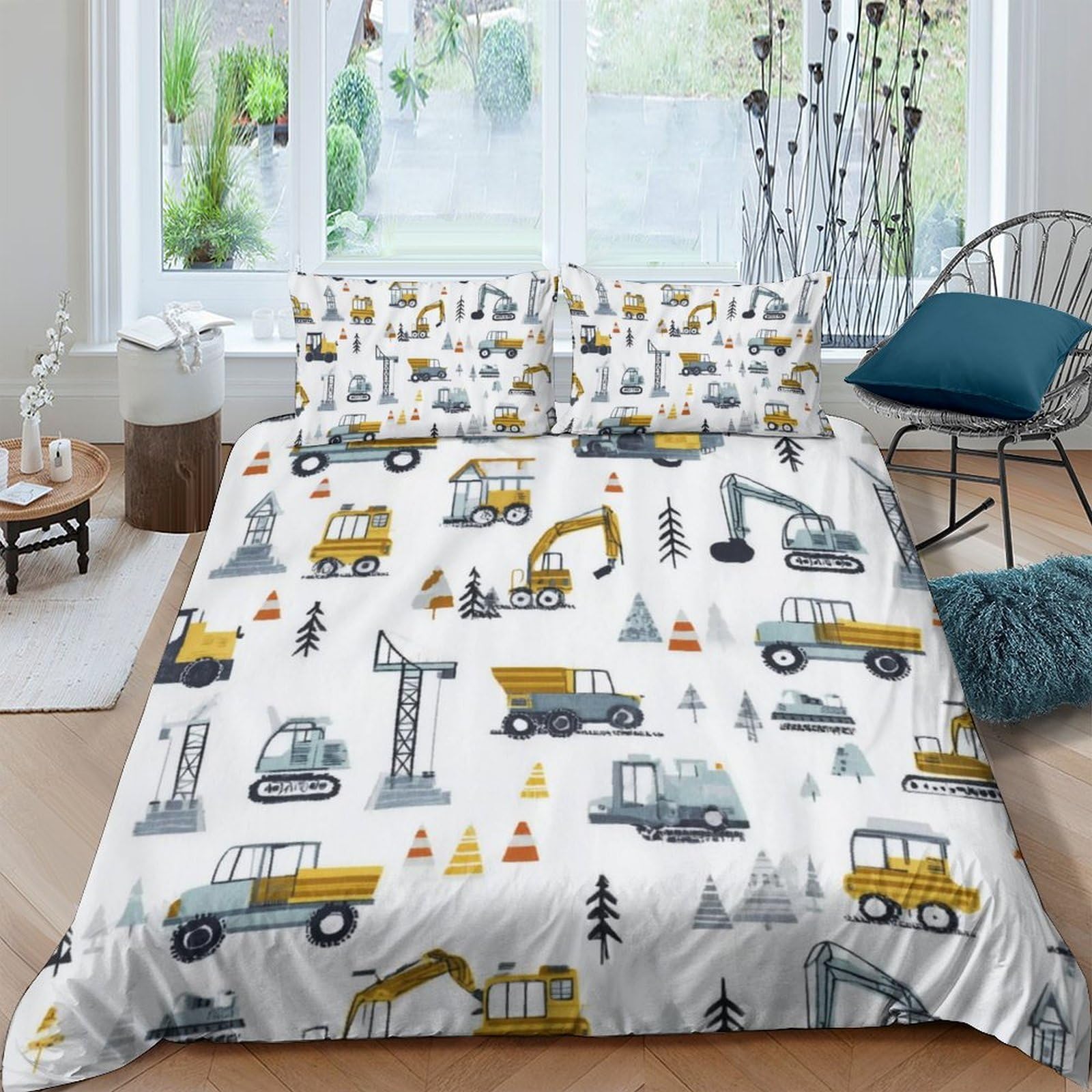 GPLZQXKJNH 3D Printed Construction Vehicles Duvet Cover Microfiber Soft Breathable Excavator Trucks Bedding Set with 2 Pillowcases for Bedroom Apartment Single（135x200cm）