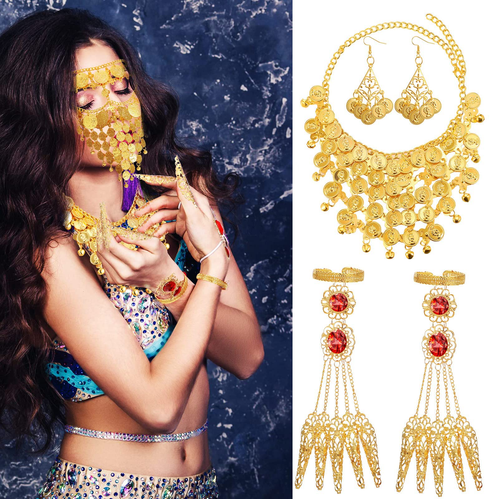 TERRIFITERRIFI Belly Dance Jewelry Set Women Belly Dance Gold Sequins Head Chain Coins Necklace Earrings Bracelets Bohemian Tassel Anklet Chain Hand Ring Bracelet Belly Dance Anklet Coin Necklace