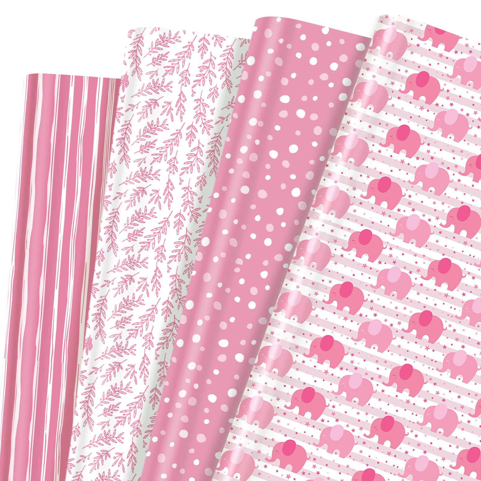 Pineraap 12 Sheets Baby Girl Wrapping Paper, 19.7" x 27.6", Pink Elephant Birthday Gift Wrap with Polka Dots Stripes Leaves Design for Baby Shower Birthday Wedding Newborn Gifts Valentine's Day