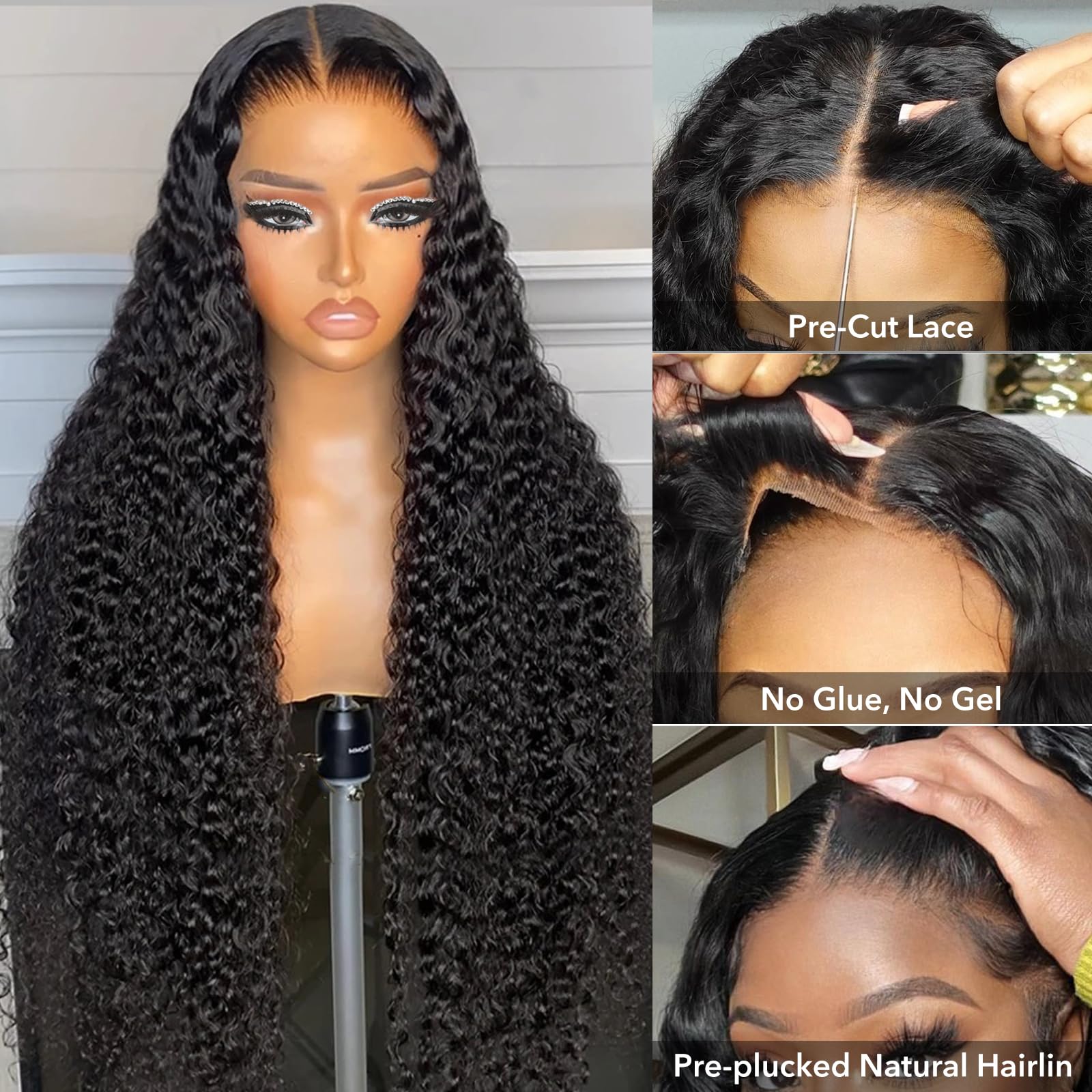 32 Inch Water Wave Glueless Wig Human Hair 200 Density 6x5 Wear and Go Glueless Curly Wig Human Hair Pre Plucked Natural Hairline Pre Cut HD Closure Lace Wig for Women - Image 2