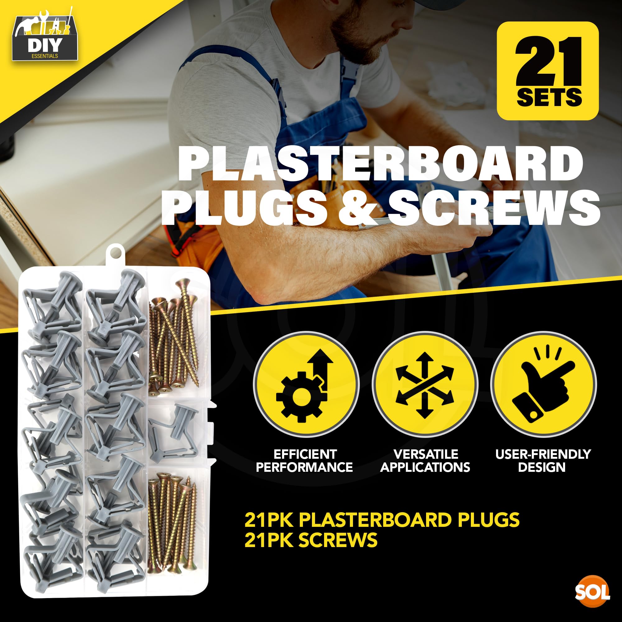 SOL 21pk Screws and Wall Plugs Set 36mm x 30mm Rawl Plugs 50mm x 6mm Fasteners for Masonry Concrete Brick Fixing Durable Anchors DIY Installation Home Repair Mounting Support - Image 3