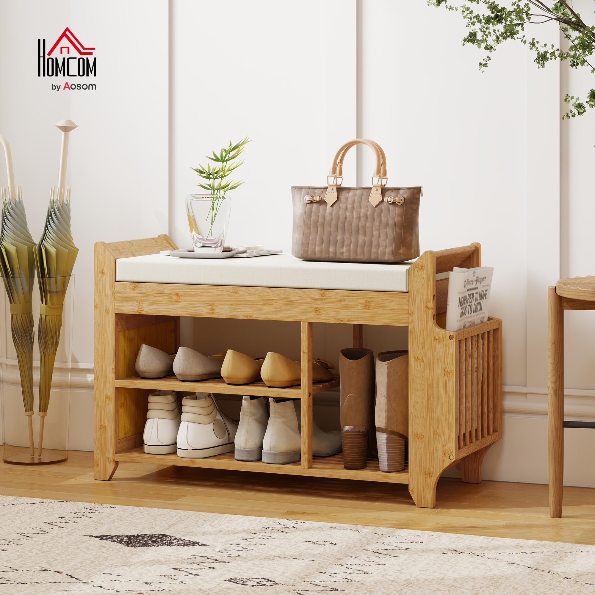 HOMCOM Banco Zapatero con Asiento Acolchado 80x30x50 cm Natural y Beige | Banco Recibidor, Almacenamiento Lateral, Estante para Botas, Marco de Bambú, Entrada de Casa, Pasillo, Salón