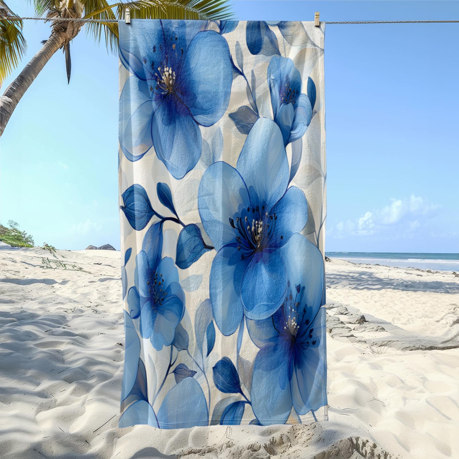 Serviette de Plage Fleur Bleue Noire Drap de Plage Anti Sable Portable Serviette de Bain XXL Piscine Toilette Sport Microfibre Ultraléger Towel Absorbant Séchage Rapide 200x220cm