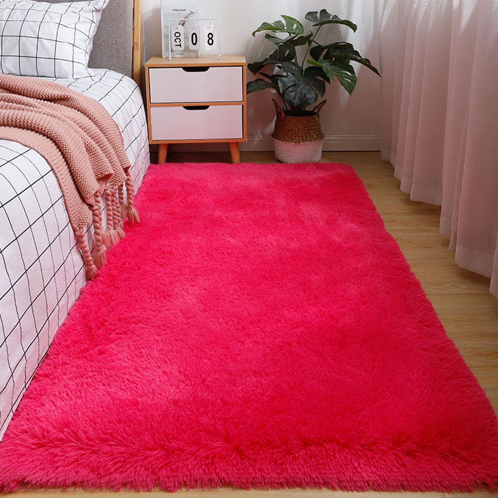 Teppich Flauschig Langflor Teppich 100 x 140 cm Anti-Rutsch, Flauschig, Weich, Waschbar, Langflor Modern Flauschig Weich Teppich Nicht-Slip Teppich für Wohnzimmer, Schlafzimmer, Rosenrot