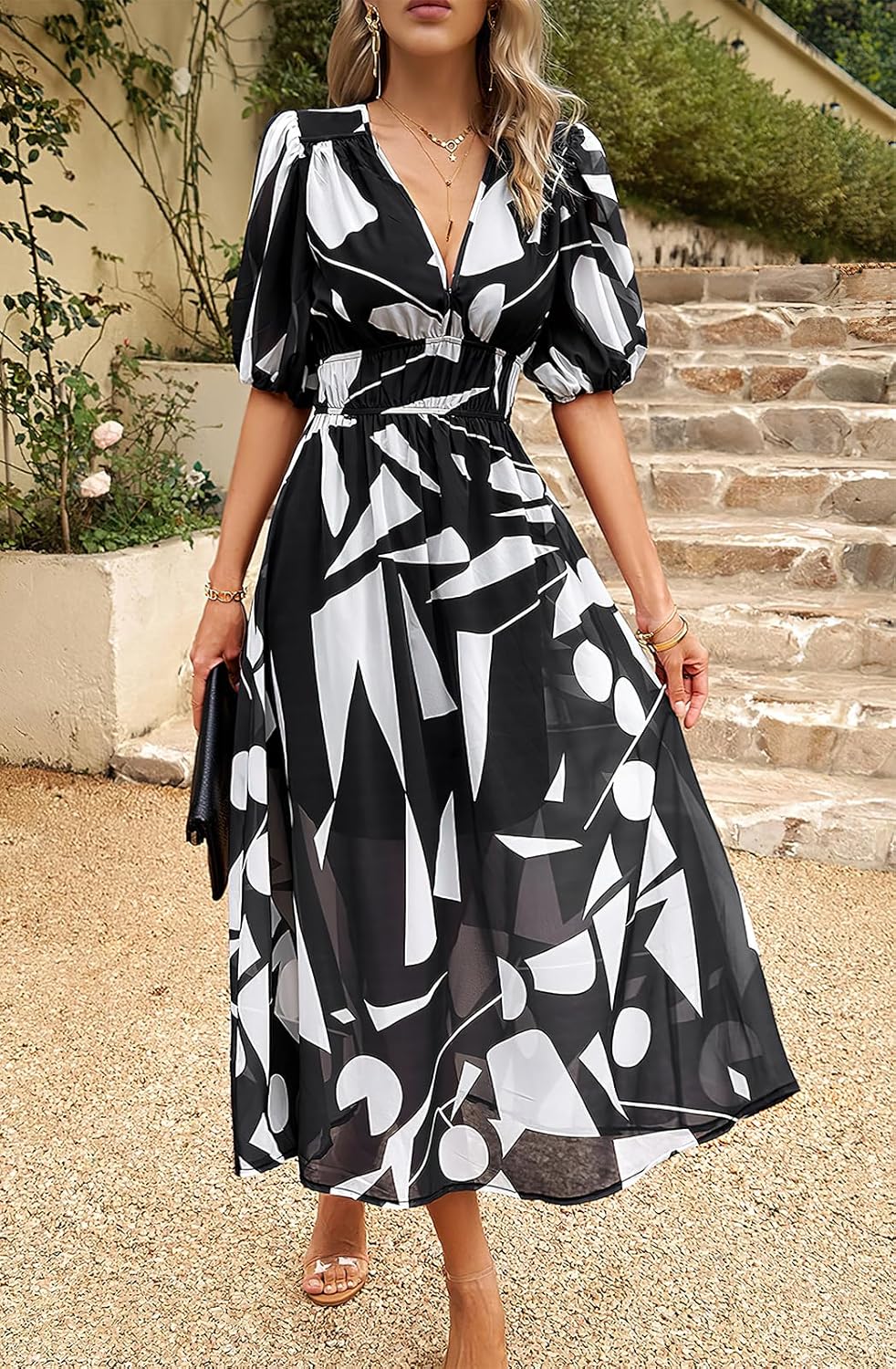 ebossy Women's Boho Floral Print Chiffon Dress Short Sleeve V Neck Girdle Waist Beach Maxi Long Dresses - Image 2