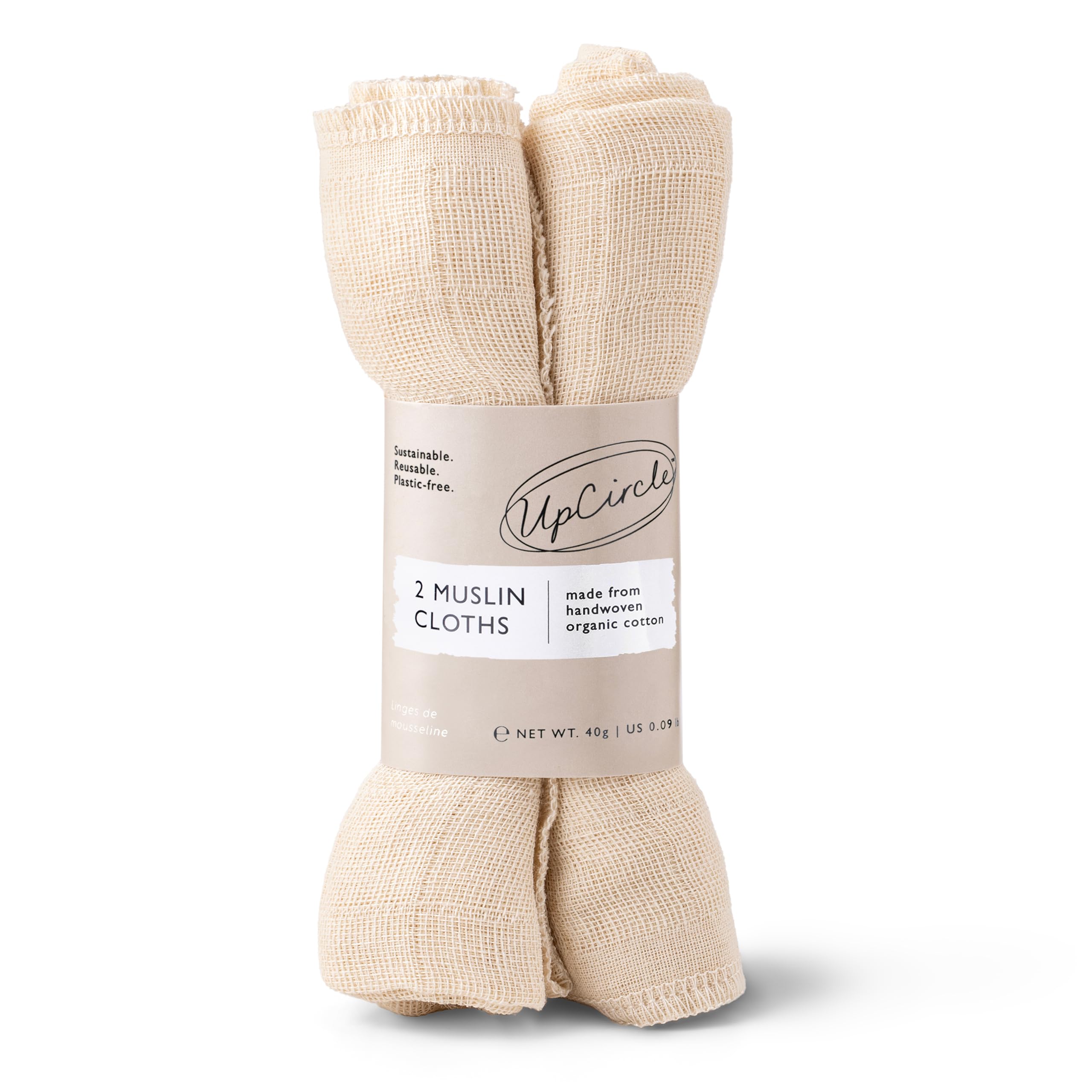 UPCIRCLE Organic Muslin Cloths (2pcs) Certified Organic Removes Make Up - Double-Layered and Eco Friendly - for All Skin Types