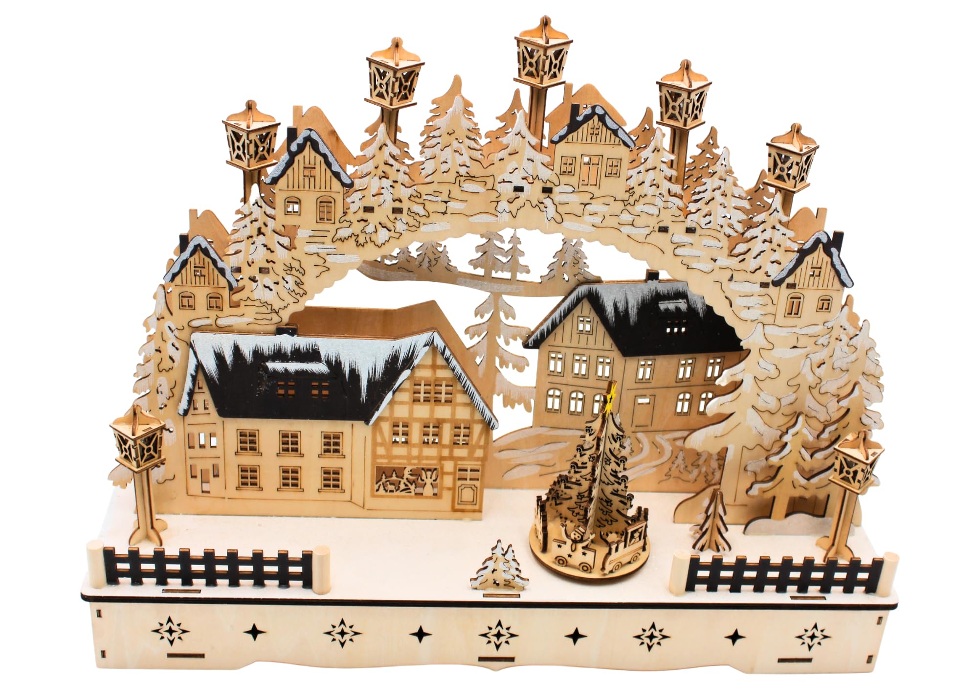 Arco de madera LED, arco de luz, arco flotante, arco de candelabros, ventana con árbol de Navidad móvil, incluye fuente de alimentación y funcionamiento con pilas, aprox. 45 x 12 x 35 cm.
