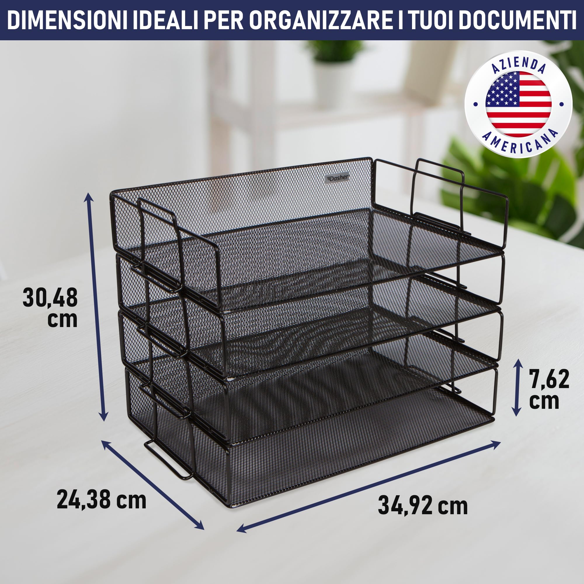 Dasher Products Organizer da scrivania impilabile a 4 ripiani in rete metallica per organizzare documenti, cartelle, lettere, carta, raccoglitori