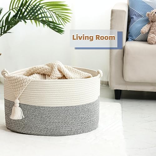 Miniatura 4 de Cesta de manta de 20 x 13 x 11 pulgadas, cesta tejida grande para almacenamiento, cesta de cuerda de algodón para mantas en la sala de estar,