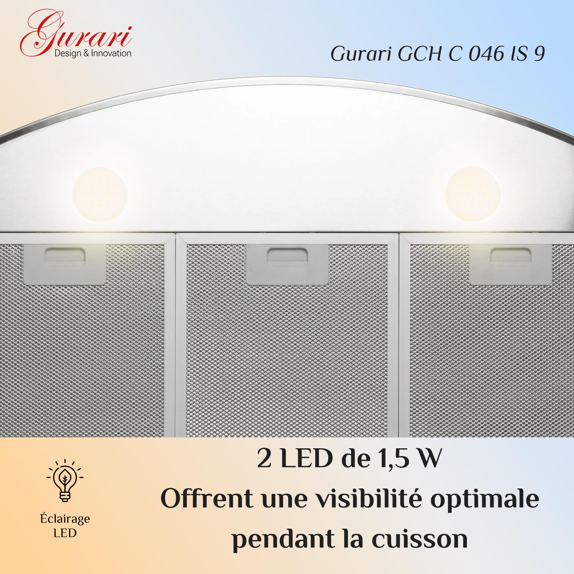 Gurari 046 IS Hotte aspirante murale 90 cm •1000m³/h•Hotte murale Luxe fabricant Gurari • 3 vitesses •1000m³/h •LED •Hotte• inox •Recirculation possible