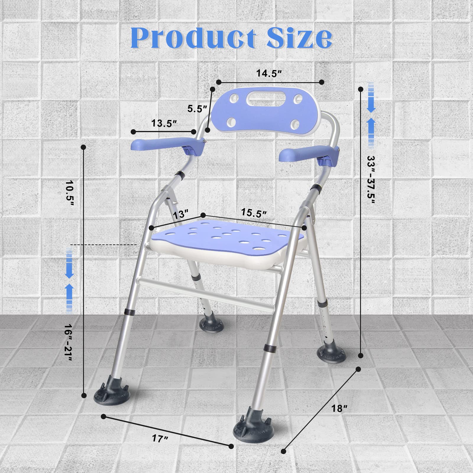 Bcareself Foldable Shower Seat Folding Bath Chair with Arms Heavy Duty with Back for Senior Disabled Elderly Inside Shower Transfer Adjustable Legs for Bathtub Non-Slip feet Weight Capacity 400 lbs